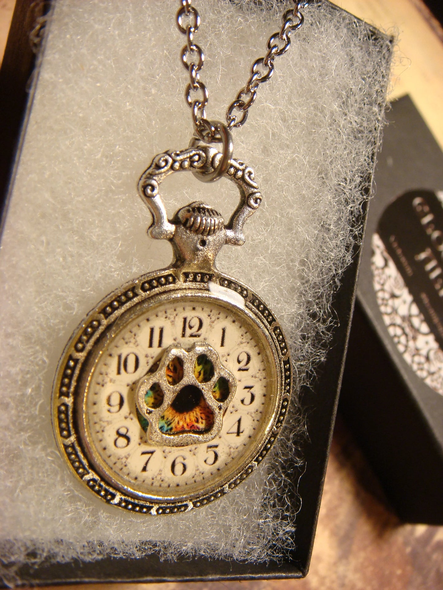 Paw over Clock Pocket Watch Pendant Necklace