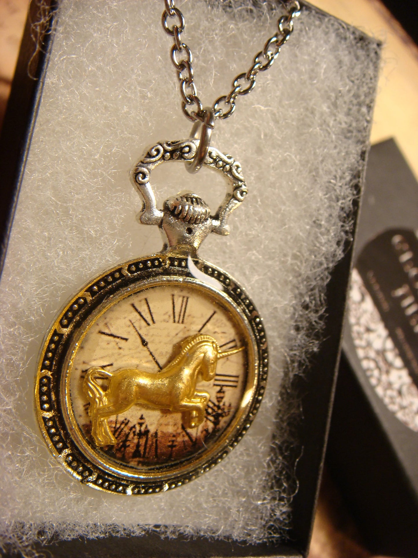 Unicorn over Victorian Clock Pocket Watch Pendant Necklace