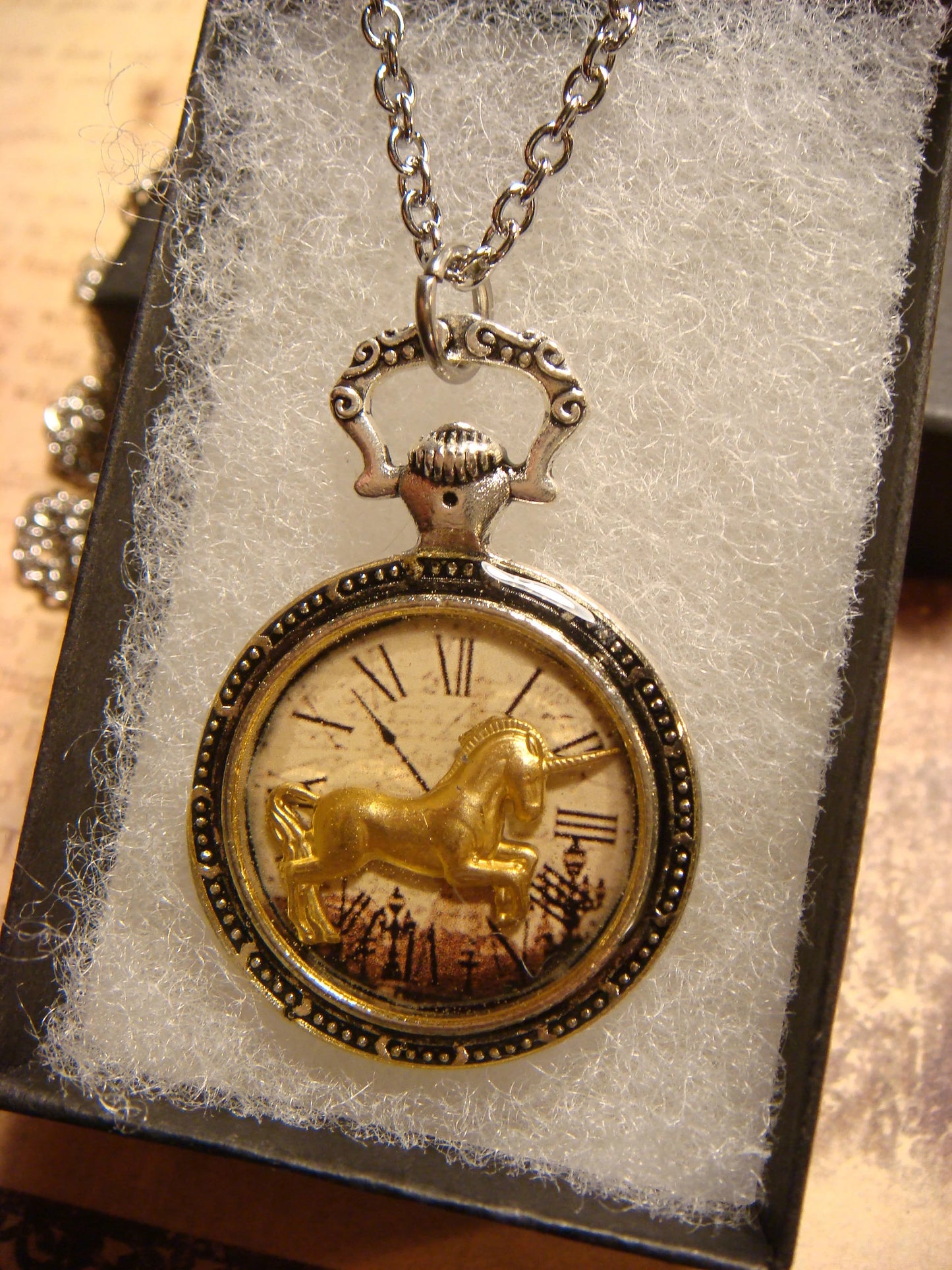 Unicorn over Victorian Clock Pocket Watch Pendant Necklace