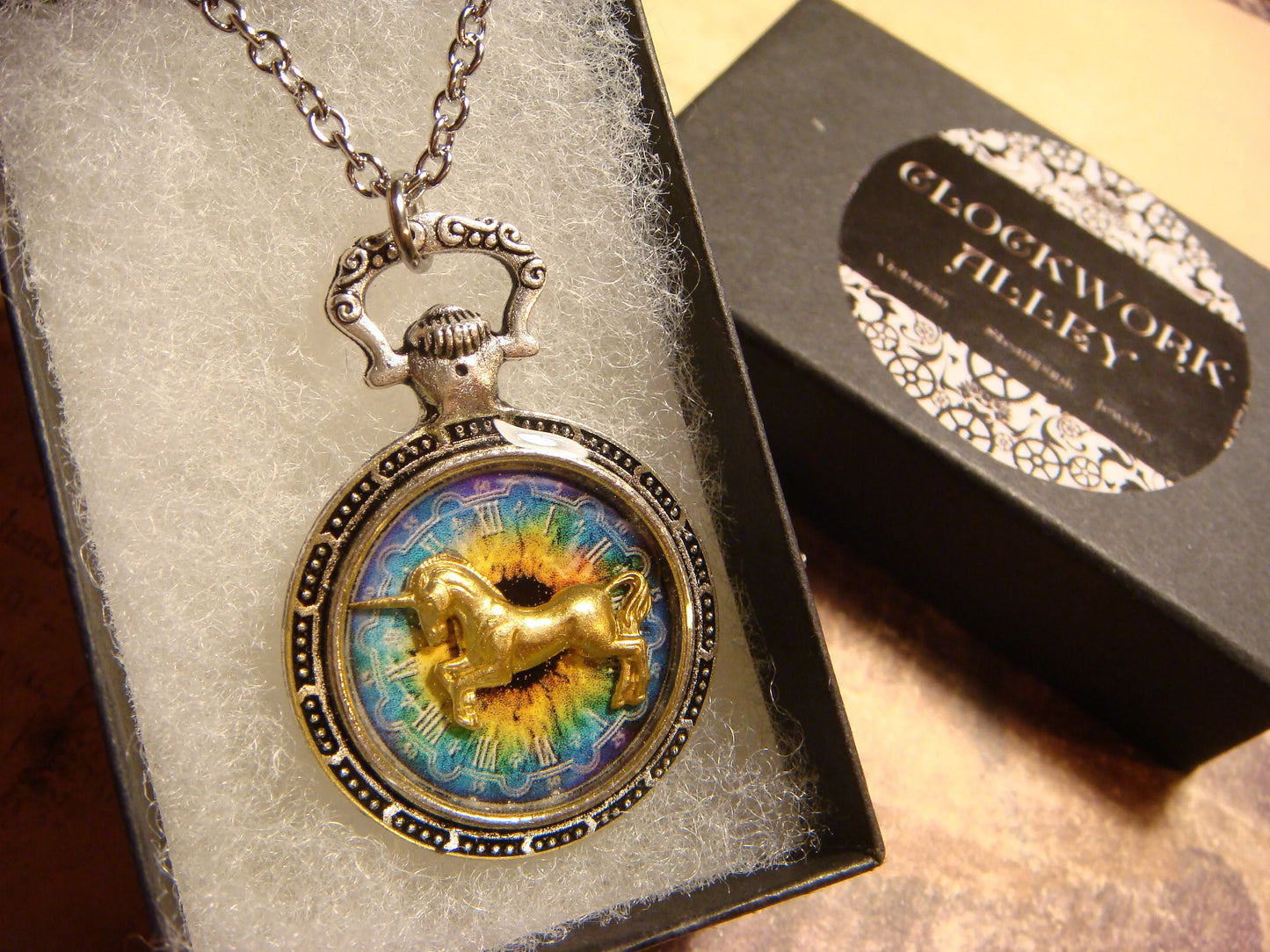 Unicorn over Colorful Clock Pocket Watch Pendant Necklace