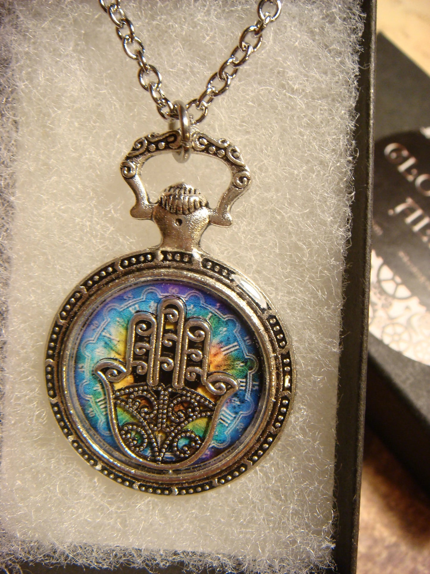 Hamsa over Colorful Clock Pocket Watch Pendant Necklace