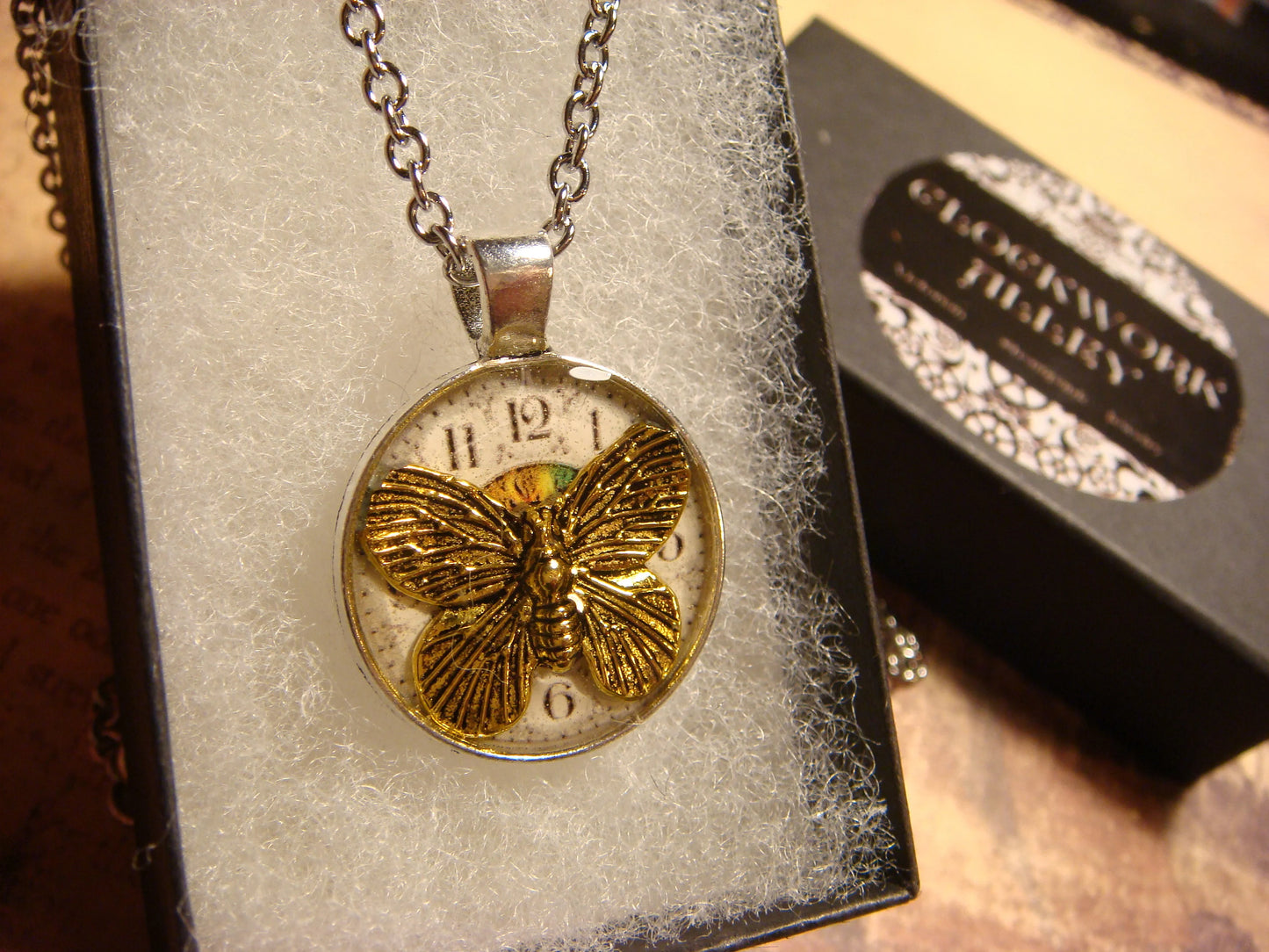 Butterfly over Clock Small Pendant Necklace