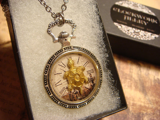 Turtle over Victorian Clock Pocket Watch Pendant Necklace
