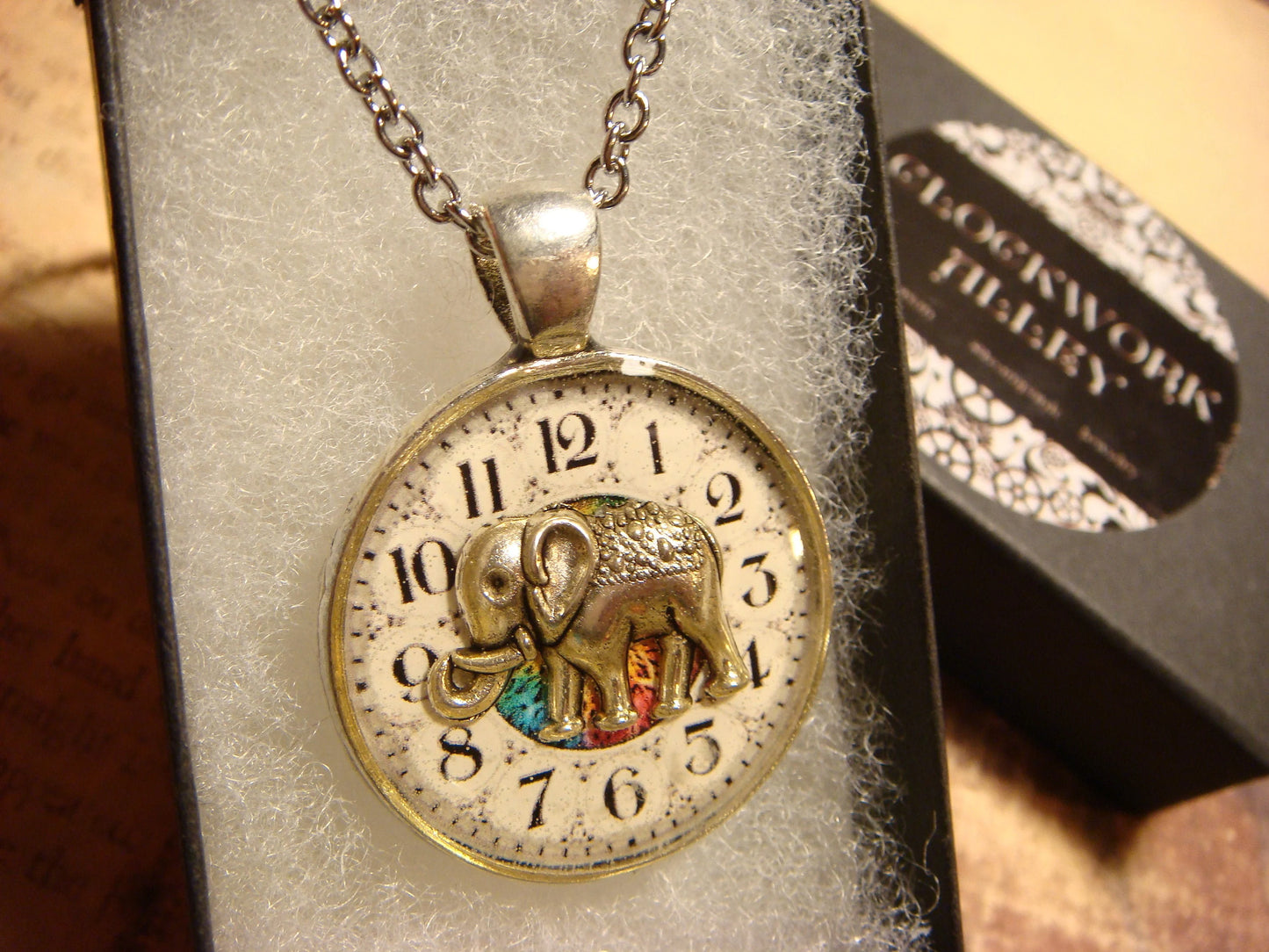 Elephant over Clock Pendant Necklace