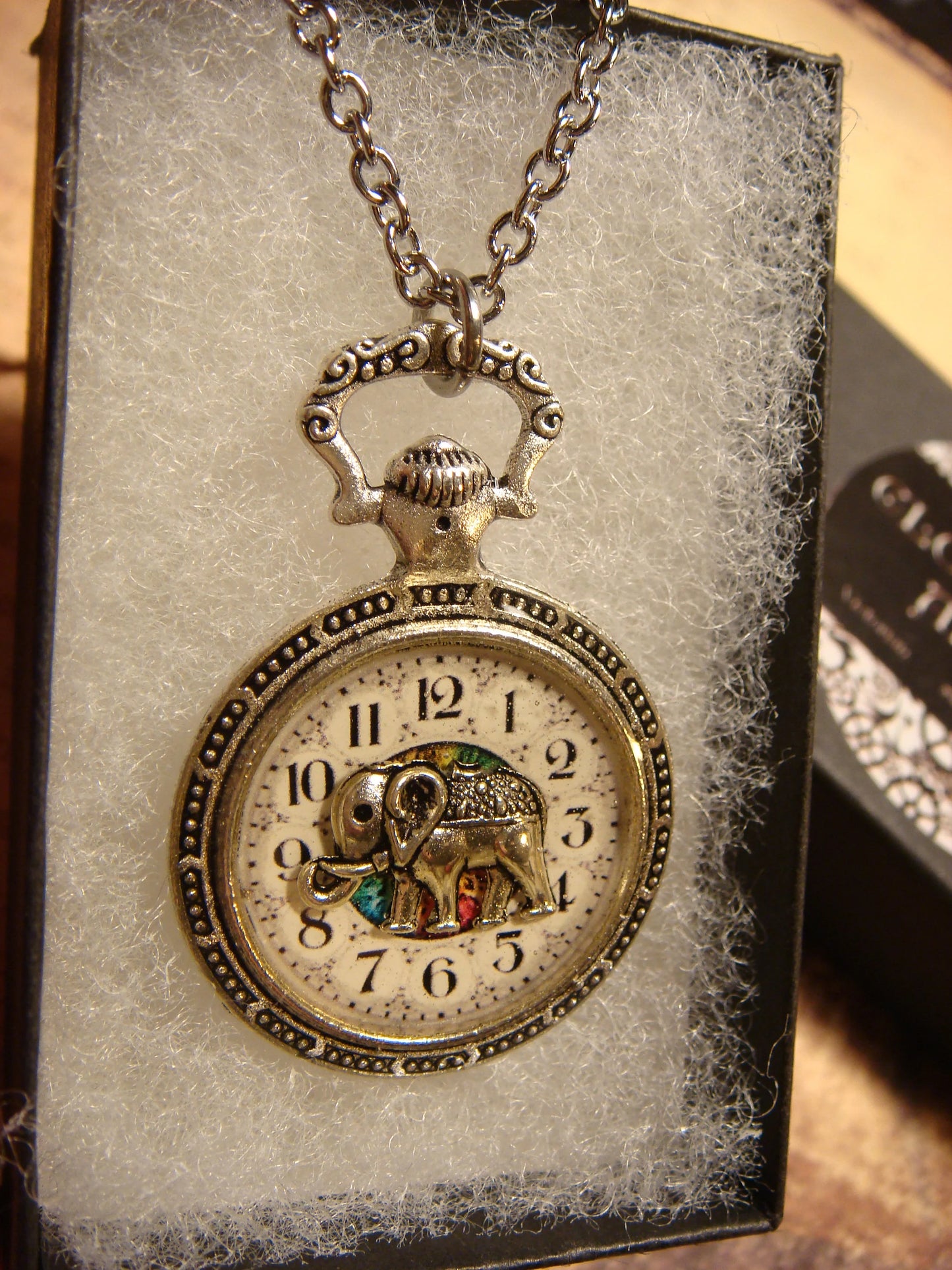 Elephant over Clock Pocket Watch Pendant Necklace