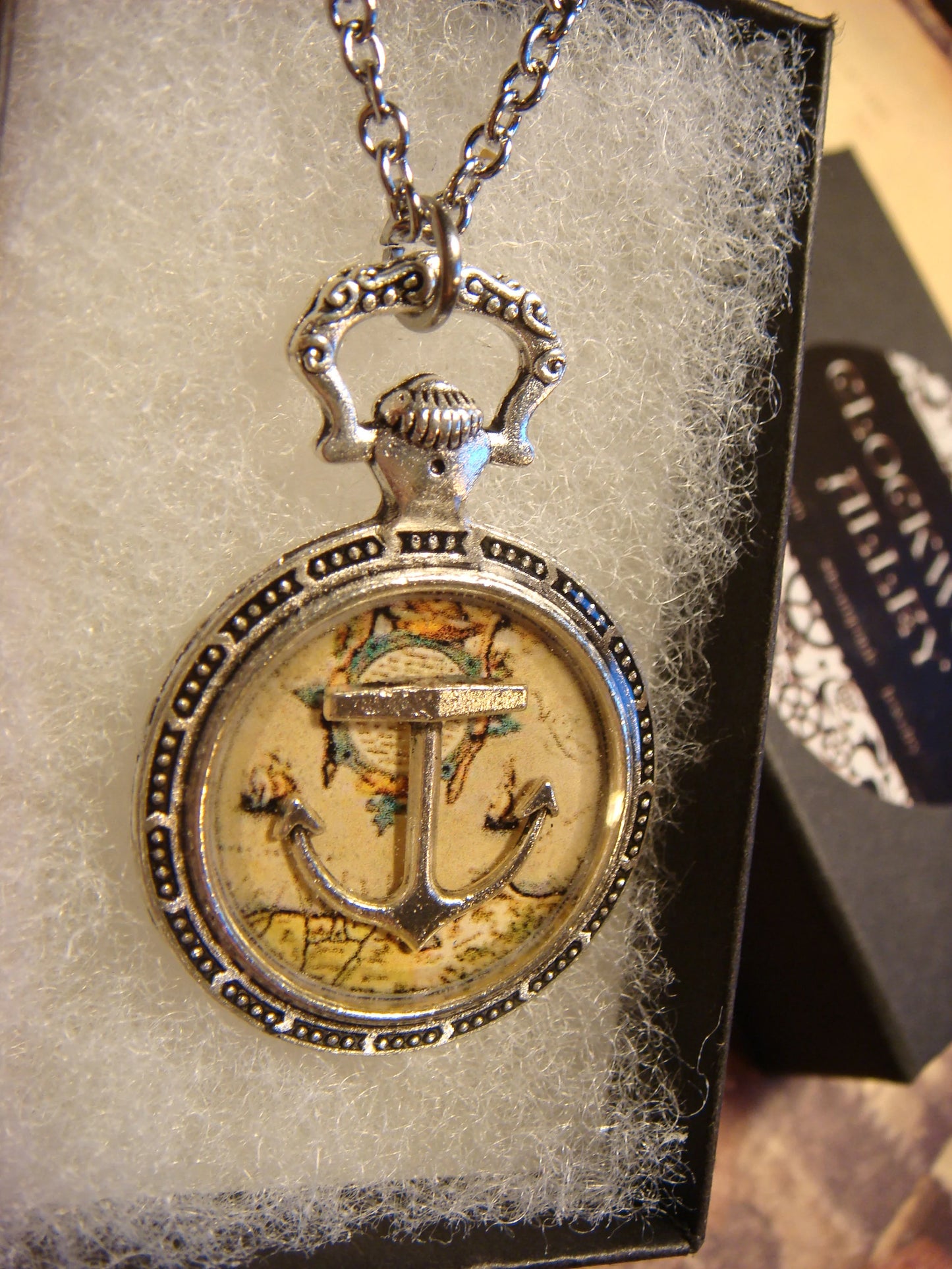 Anchor over Map Pocket Watch Pendant Necklace