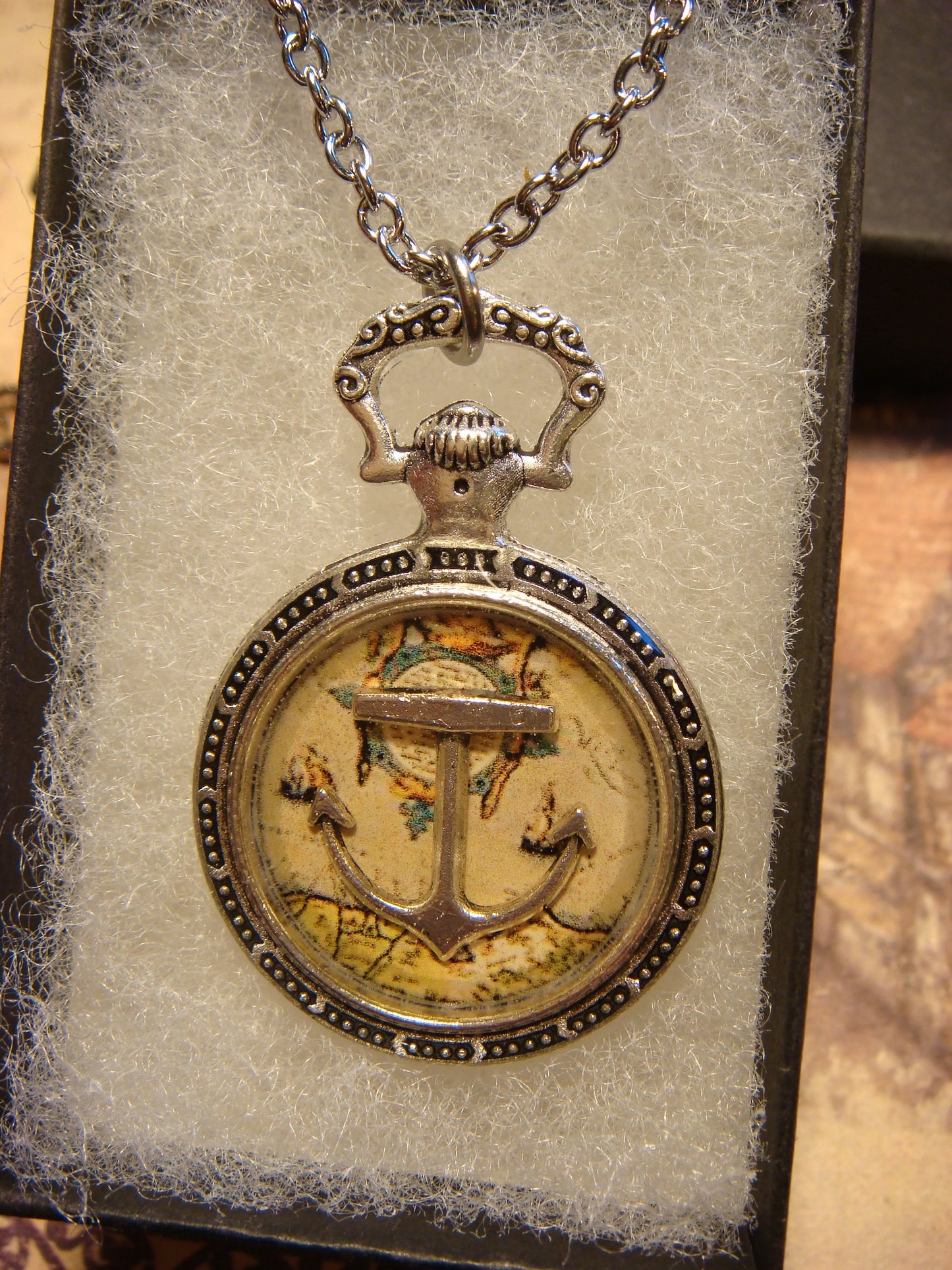 Anchor over Map Pocket Watch Pendant Necklace