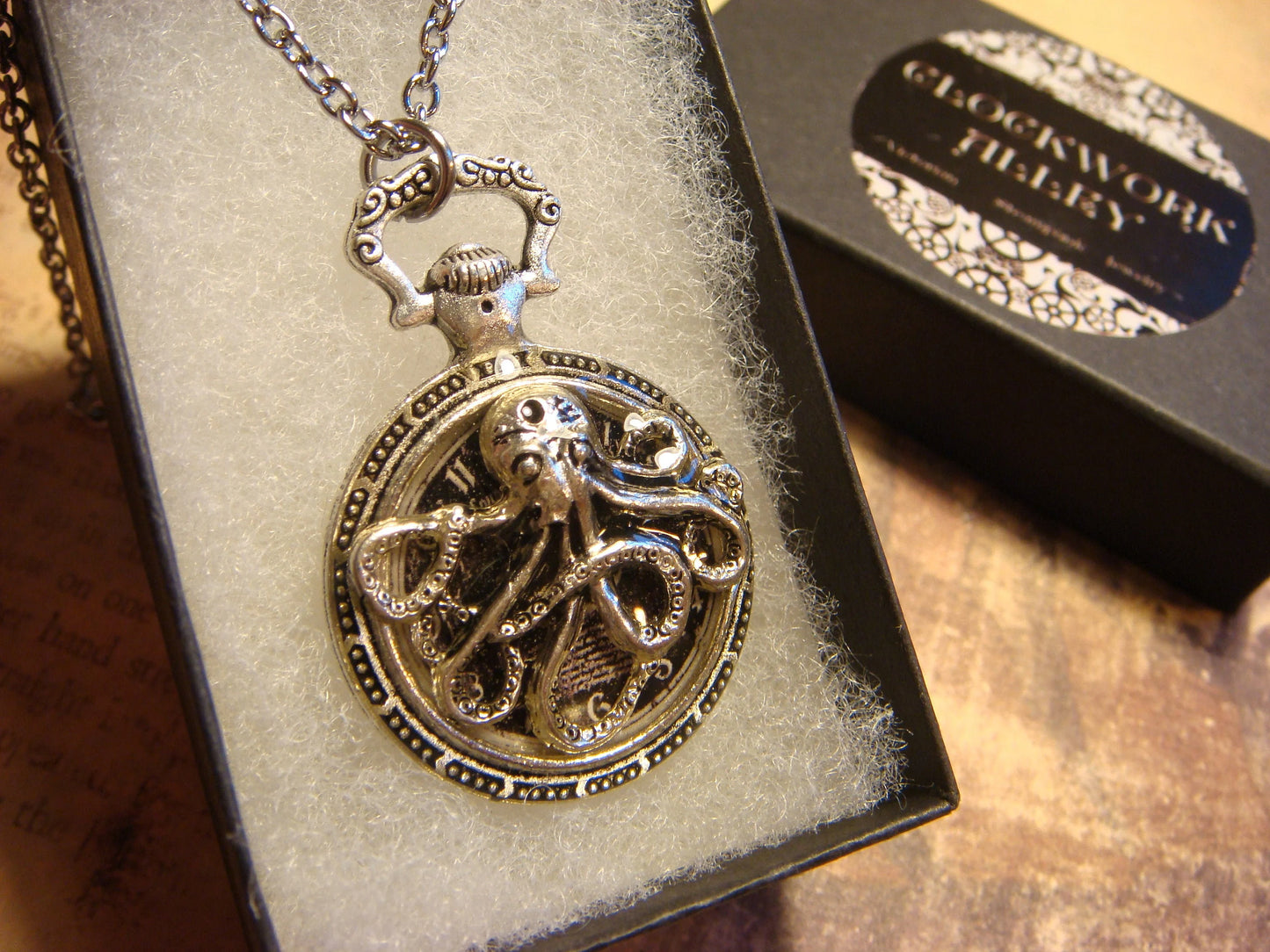 Octopus over Clock Pocket Watch Pendant Necklace