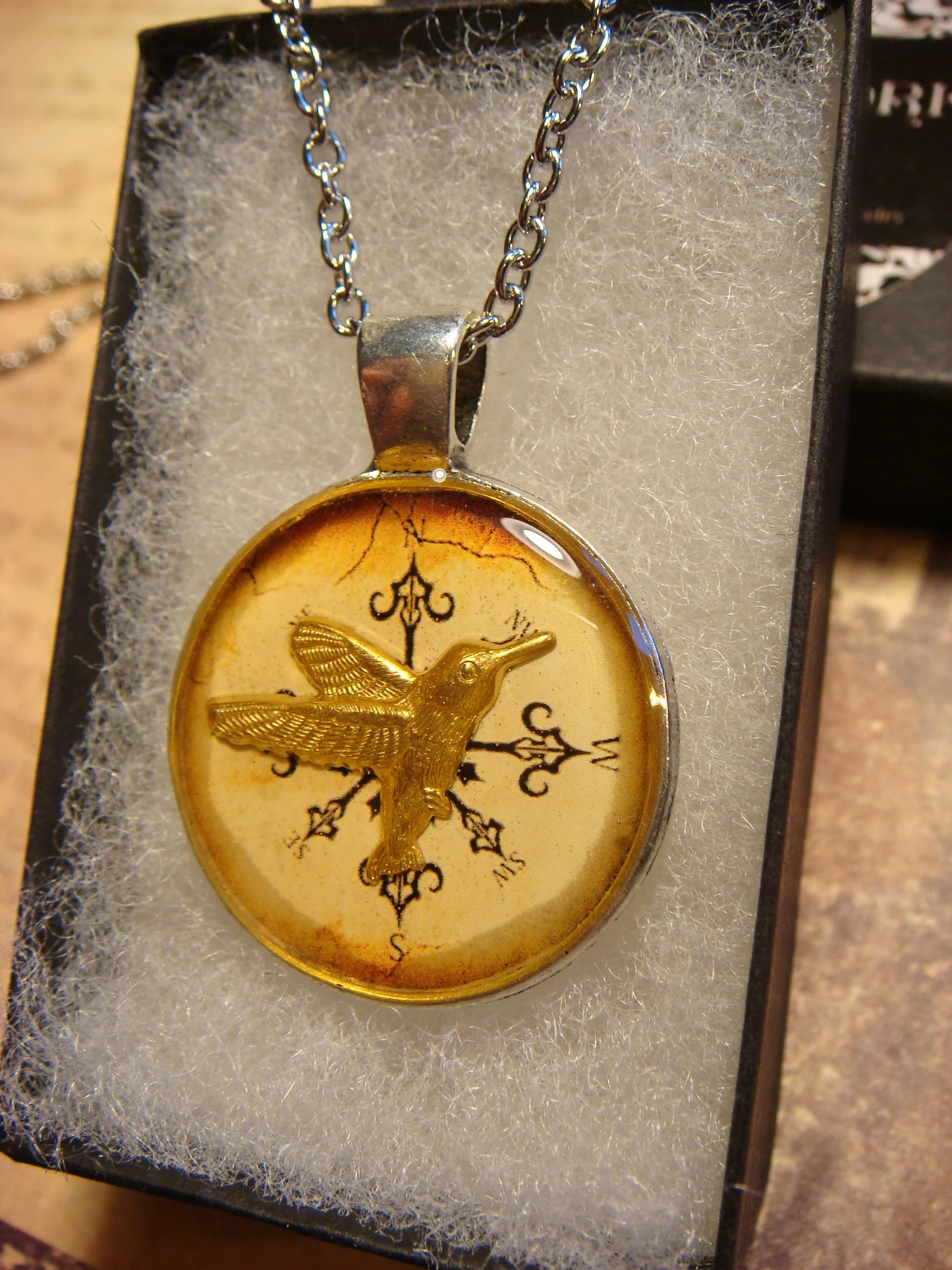 Hummingbird over Compass Pendant Necklace
