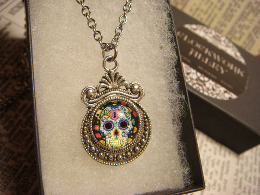 Sugar Skull Image Small Ornate Necklace