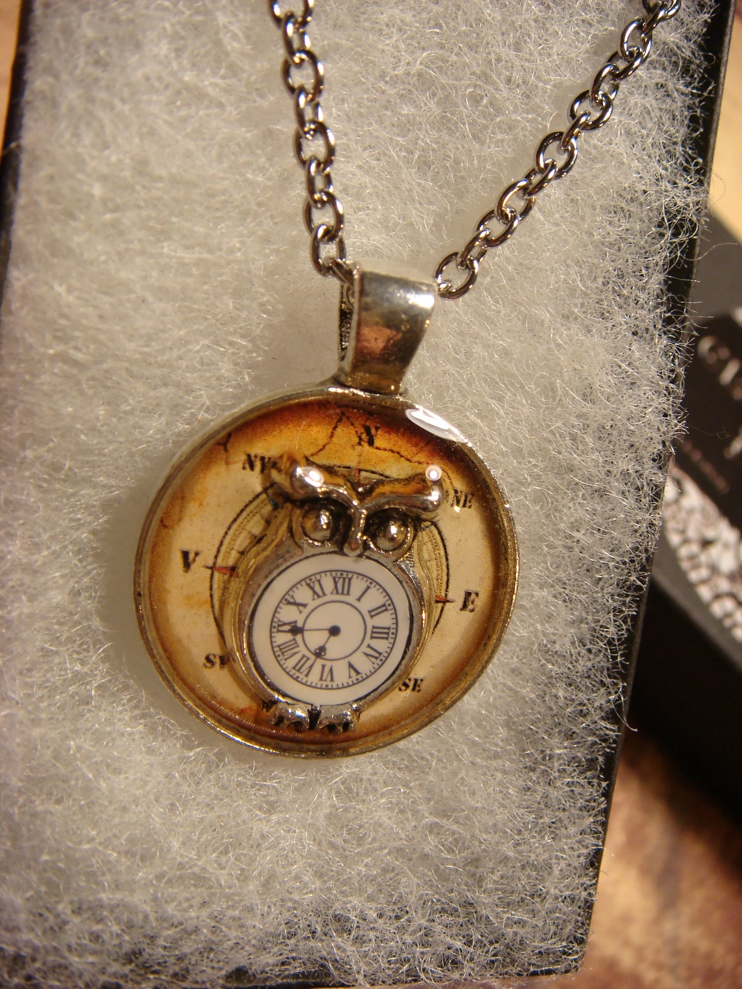 Owl with Clock over Compass Rose Small Pendant Necklace