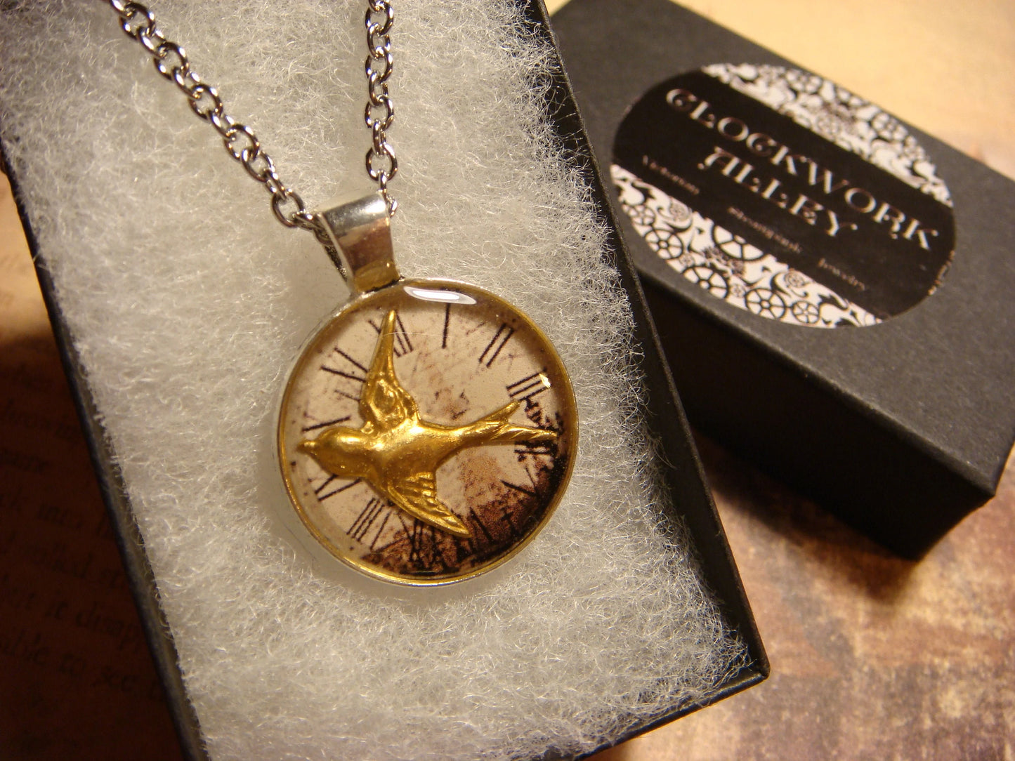 Sparrow over Victorian Clock Small Pendant Necklace