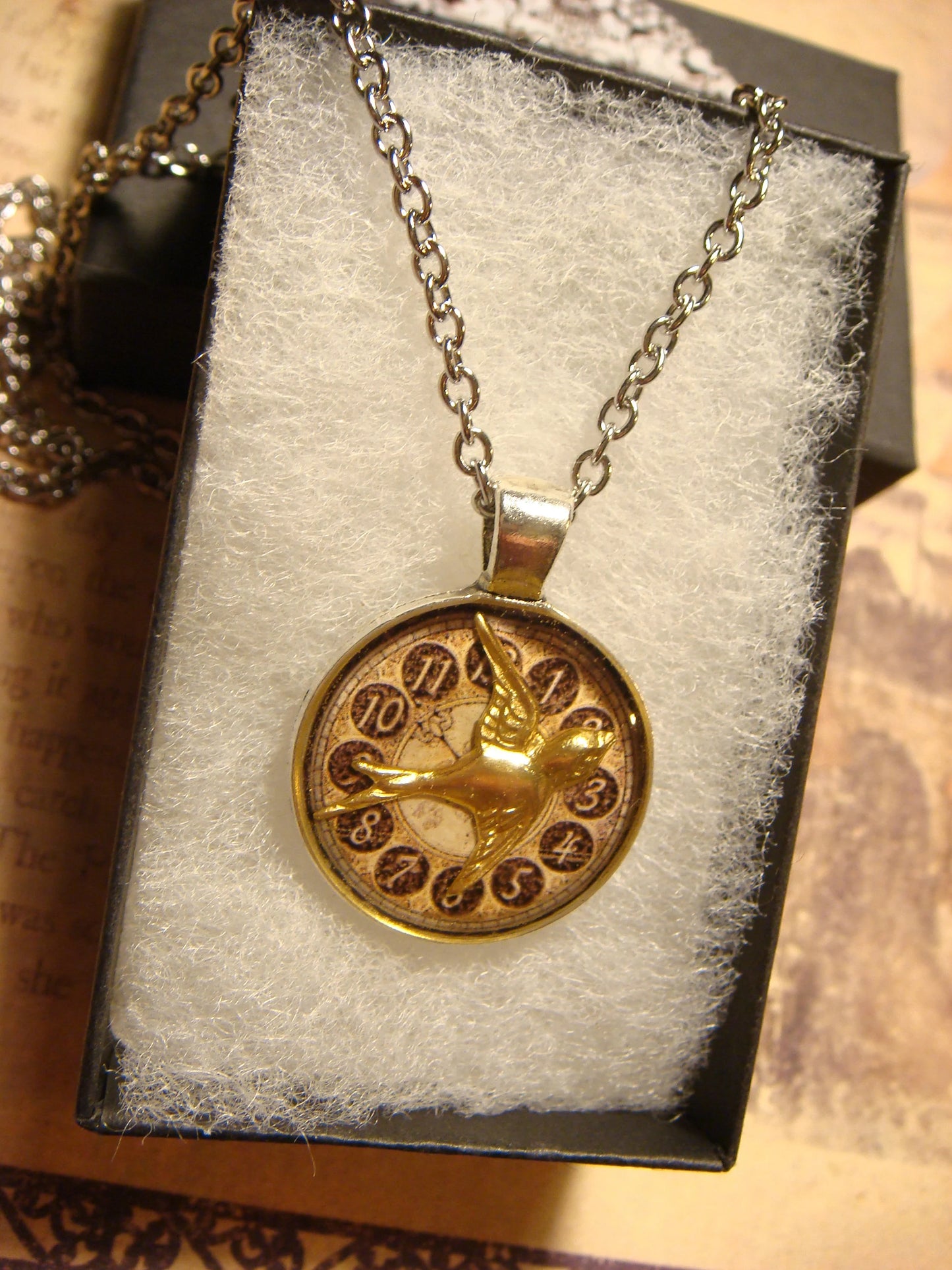 Sparrow over Clock Small Pendant Necklace