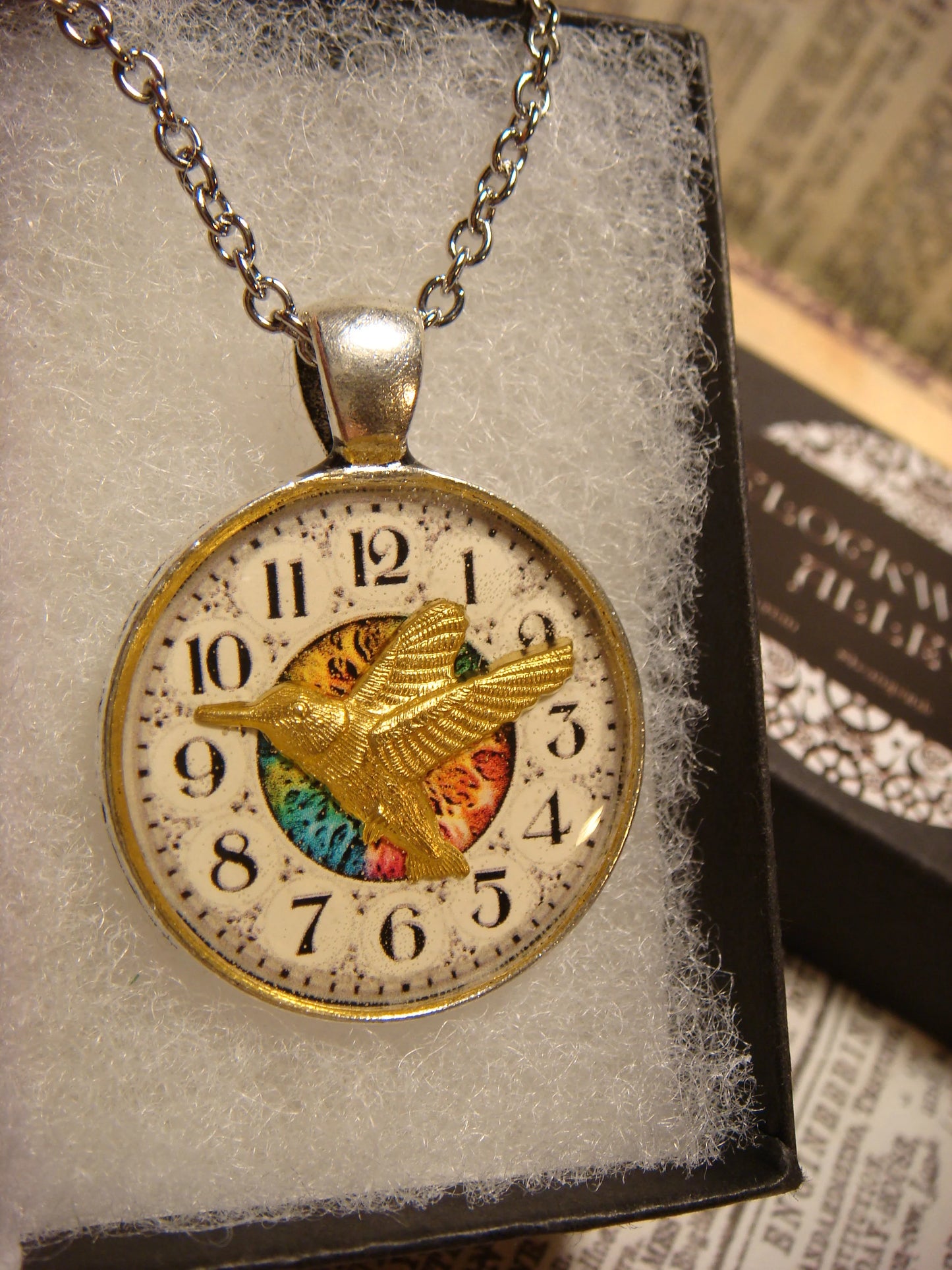 Hummingbird over Clock Pendant Necklace