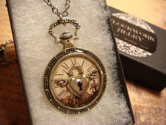 Winged Heart Lock over Victorian Clock Pocket Watch Pendant Necklace