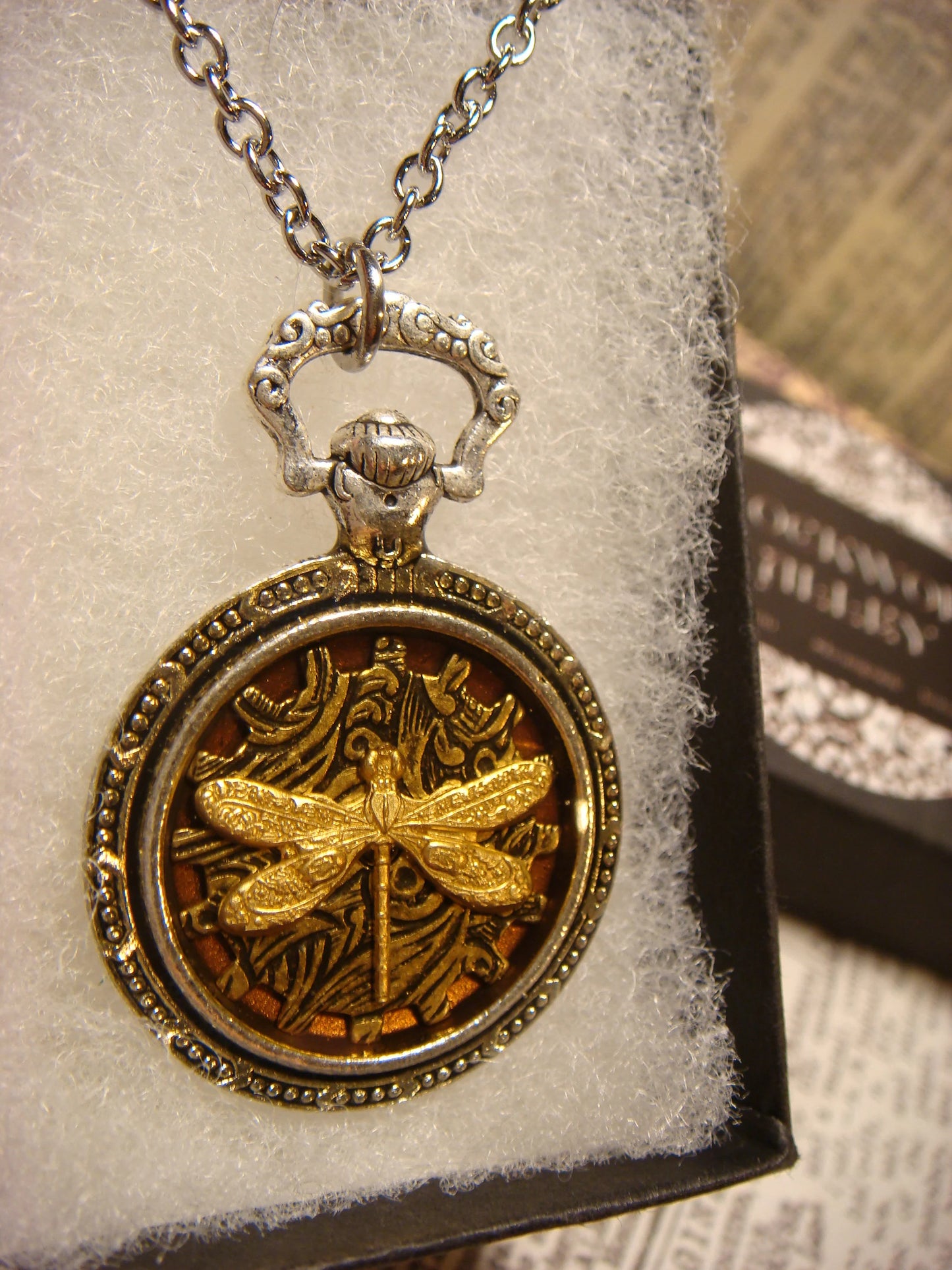 Dragonfly over Etched Gear Pocket Watch Pendant Necklace