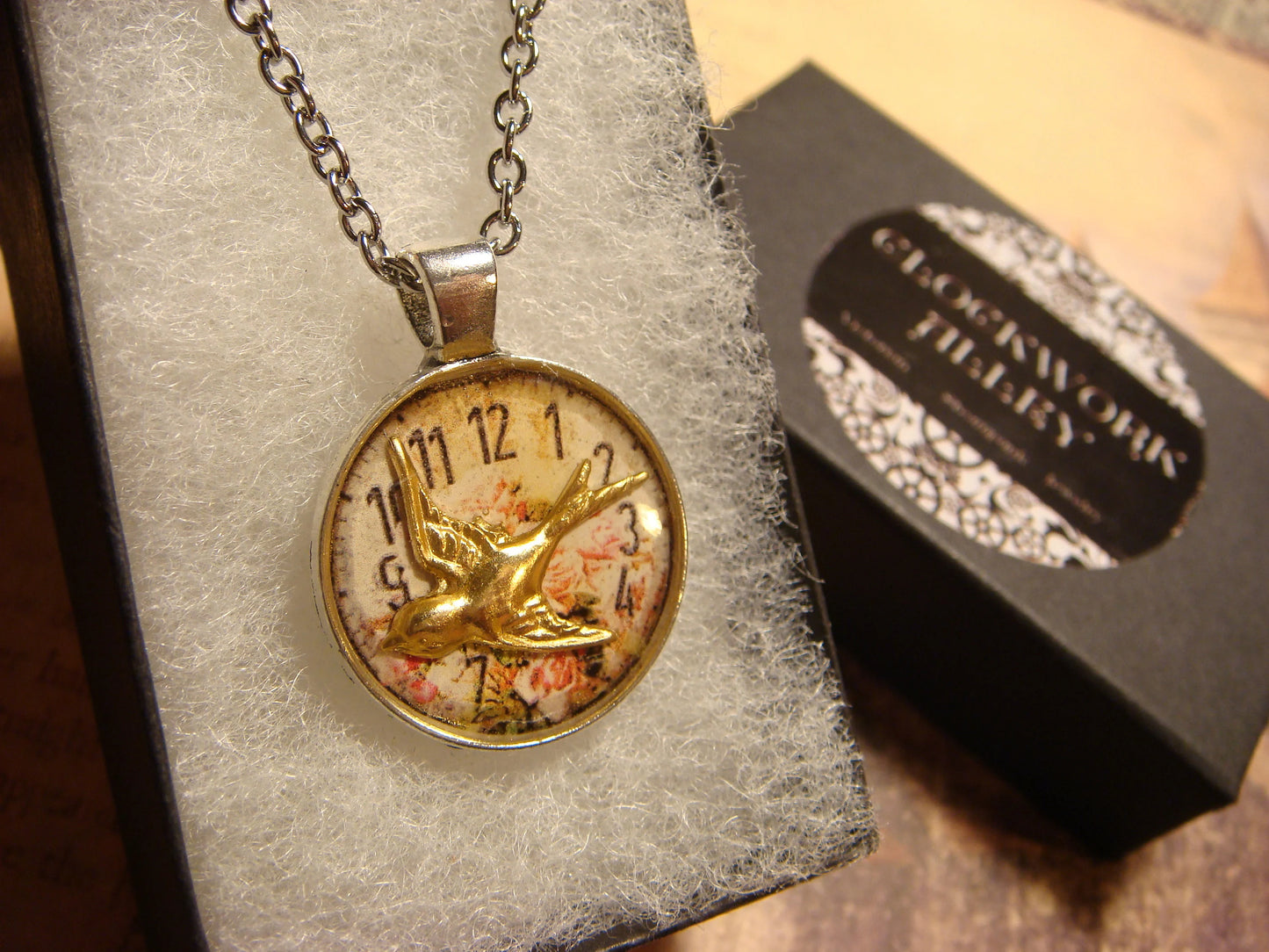 Sparrow over Floral Clock Small Pendant Necklace