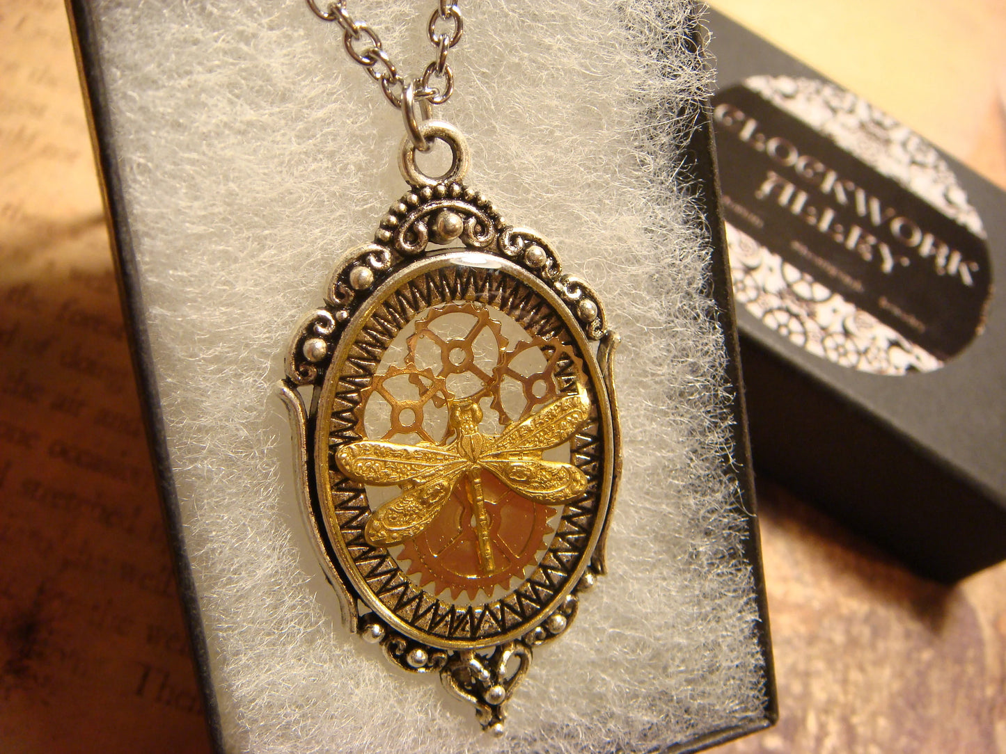 Dragonfly with Gears in See-thru Ornate Necklace