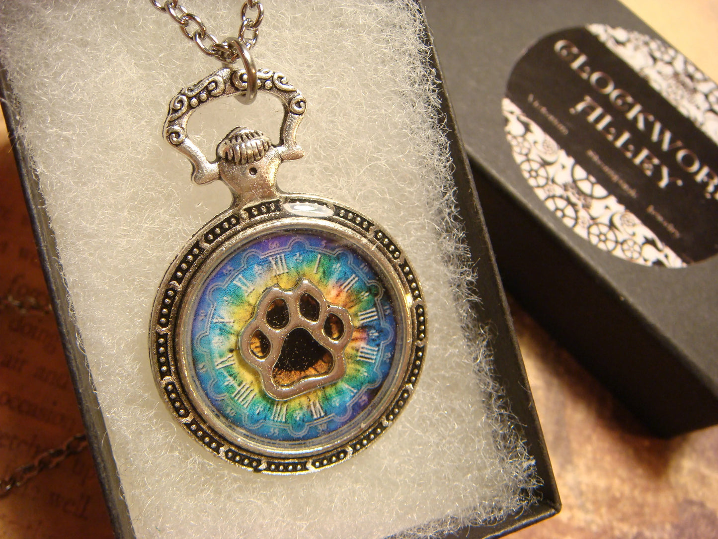 Paw over Colorful Clock Pocket Watch Pendant Necklace
