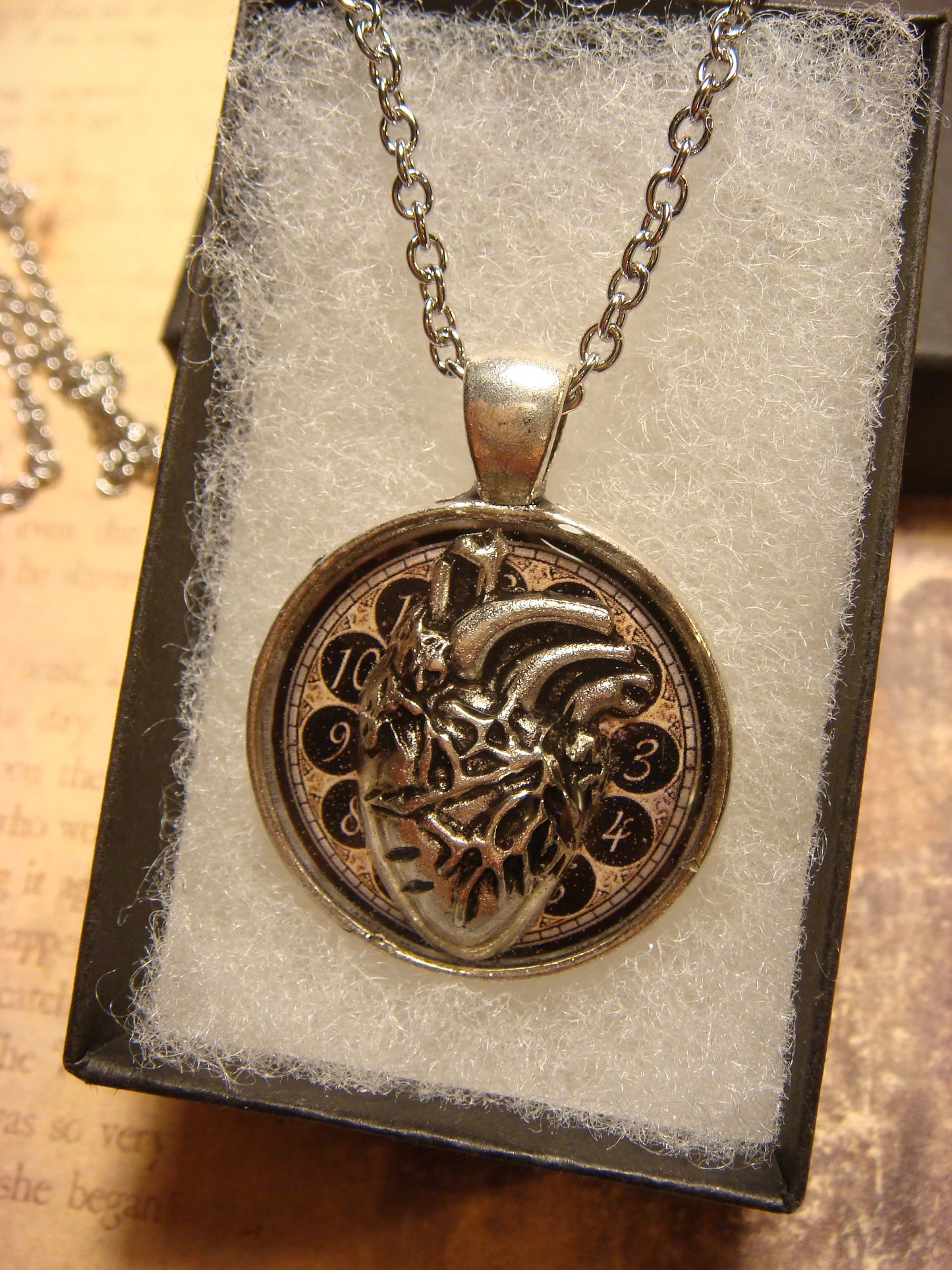 Anatomical Heart over Clock Pendant Necklace
