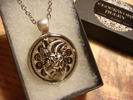 Anatomical Heart over Clock Pendant Necklace