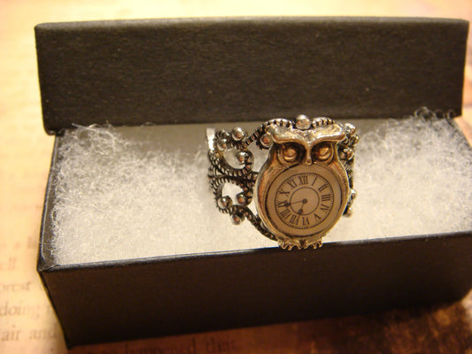 Owl Clock Filigree Ring in Antique Silver - Adjustable