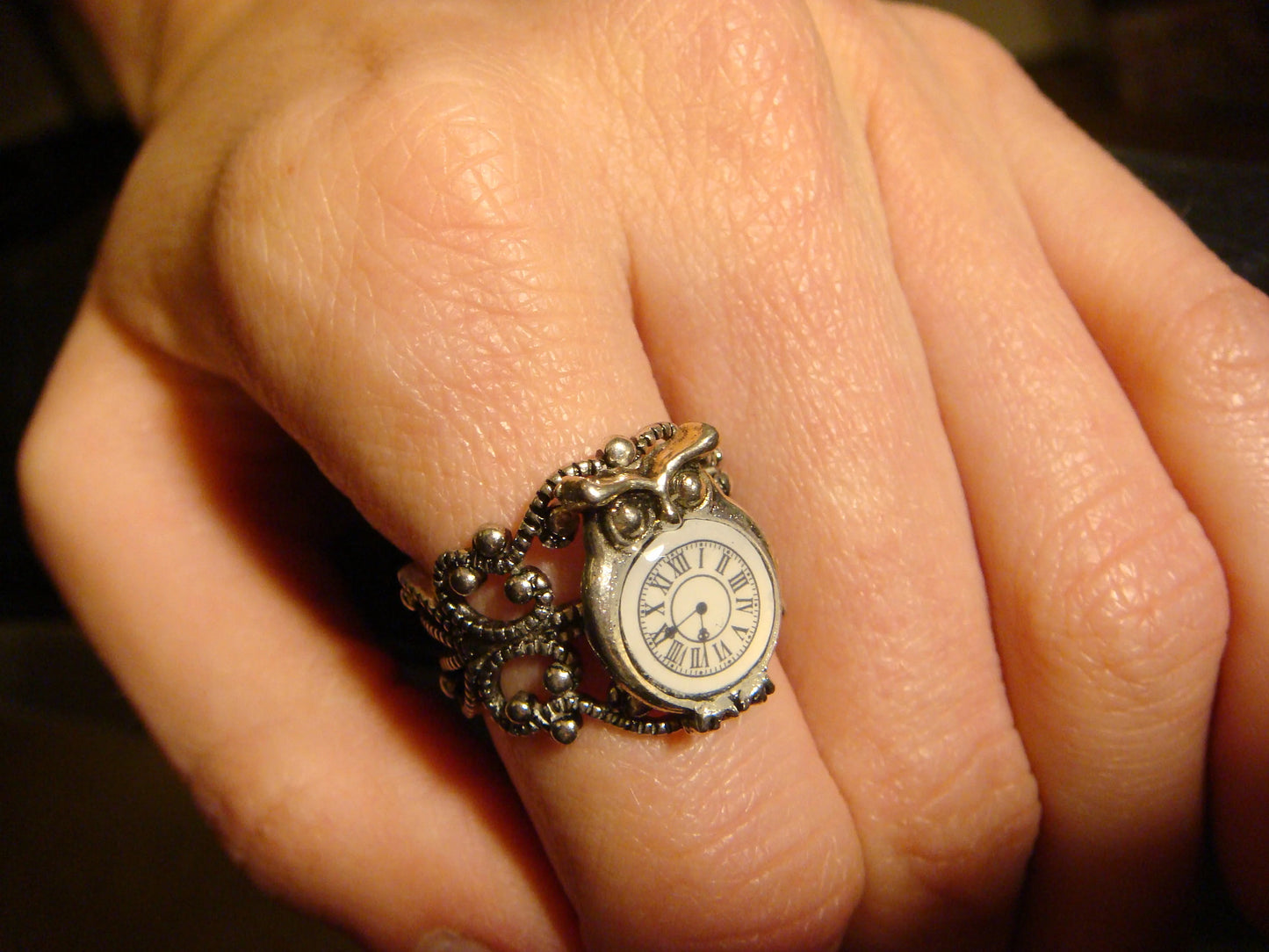 Owl Clock Filigree Ring in Antique Silver - Adjustable