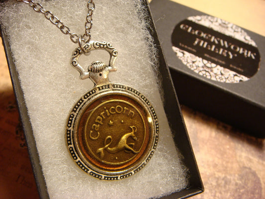 Zodiac Capricorn Pocket Watch Pendant Necklace