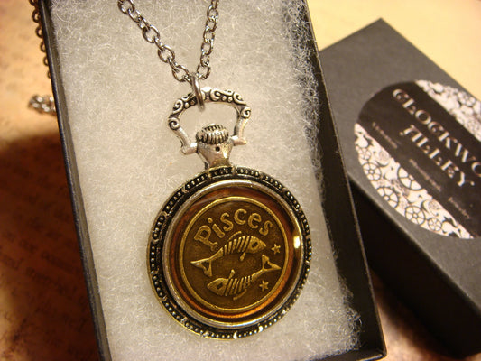 Zodiac Pisces Pocket Watch Pendant Necklace