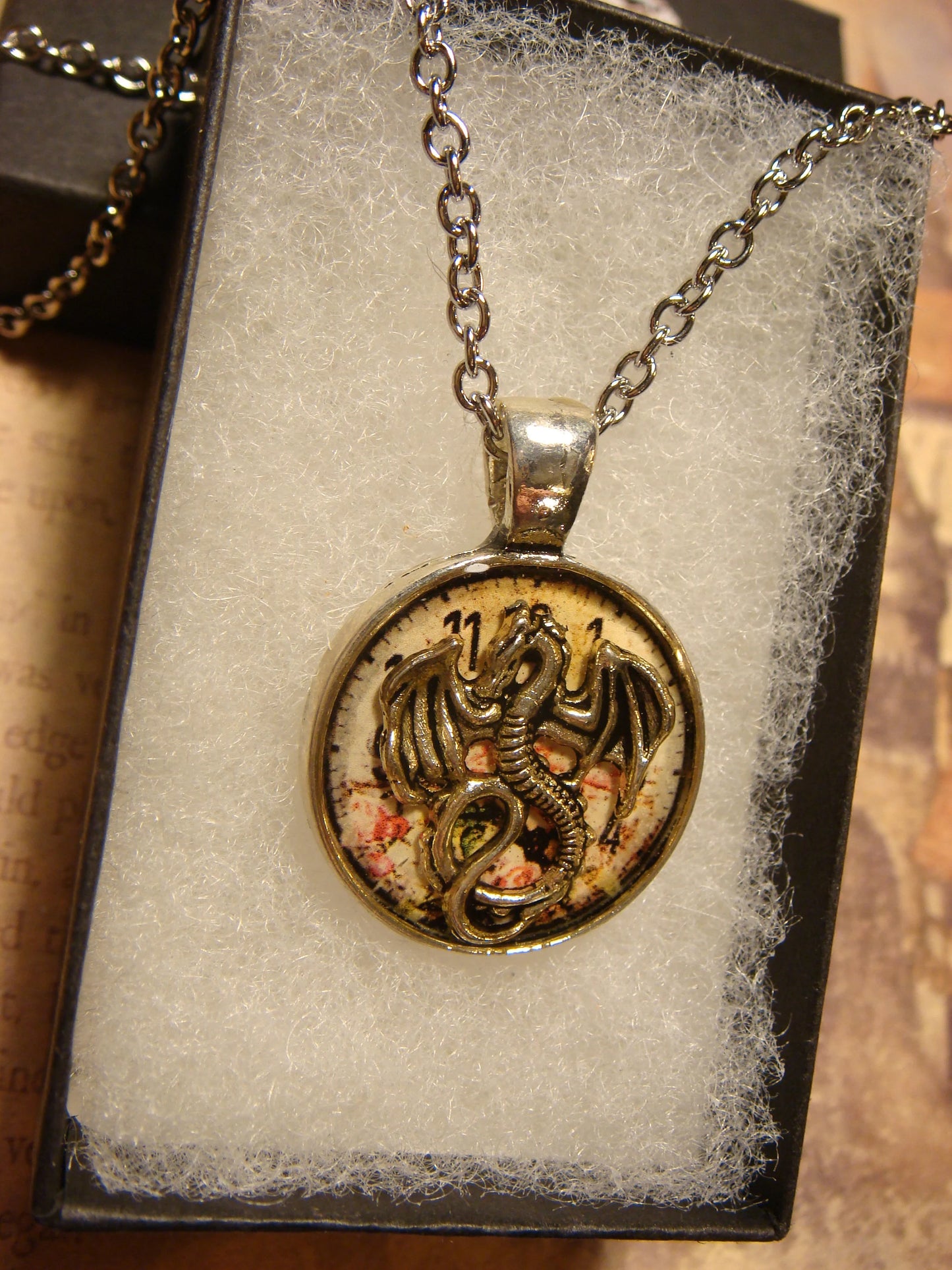 Dragon over Floral Clock Small Pendant Necklace