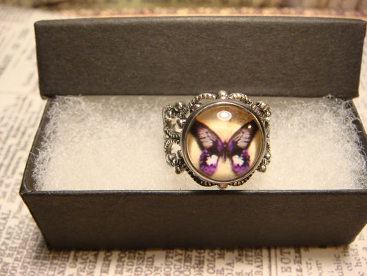 Purple Butterfly Image Filigree Ring in Antique Silver - Adjustable