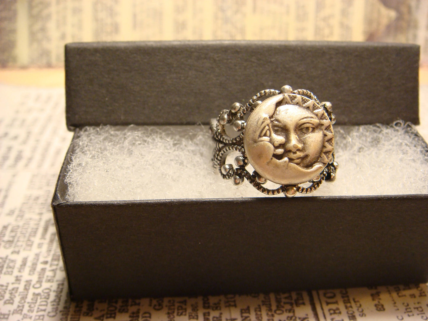 Sun and Moon Filigree Ring in Antique Silver - Adjustable