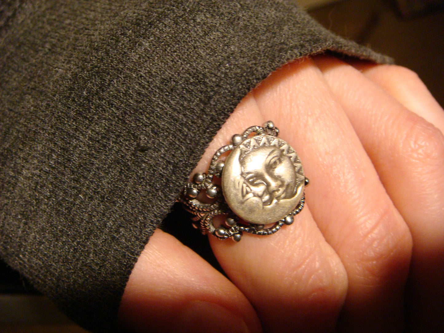 Sun and Moon Filigree Ring in Antique Silver - Adjustable