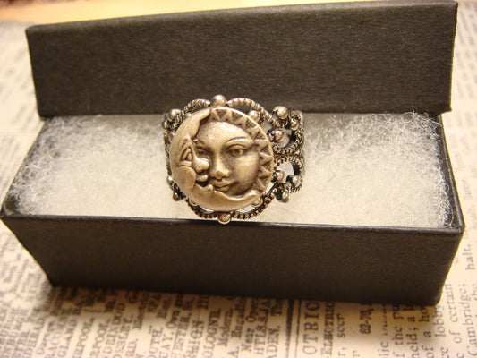 Sun and Moon Filigree Ring in Antique Silver - Adjustable