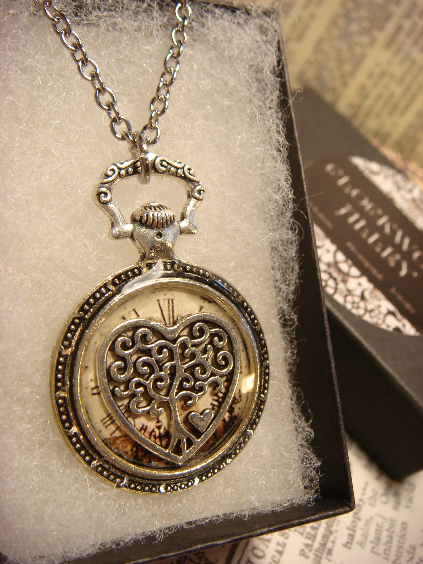 Tree Heart over Victorian Clock Pocket Watch Pendant Necklace
