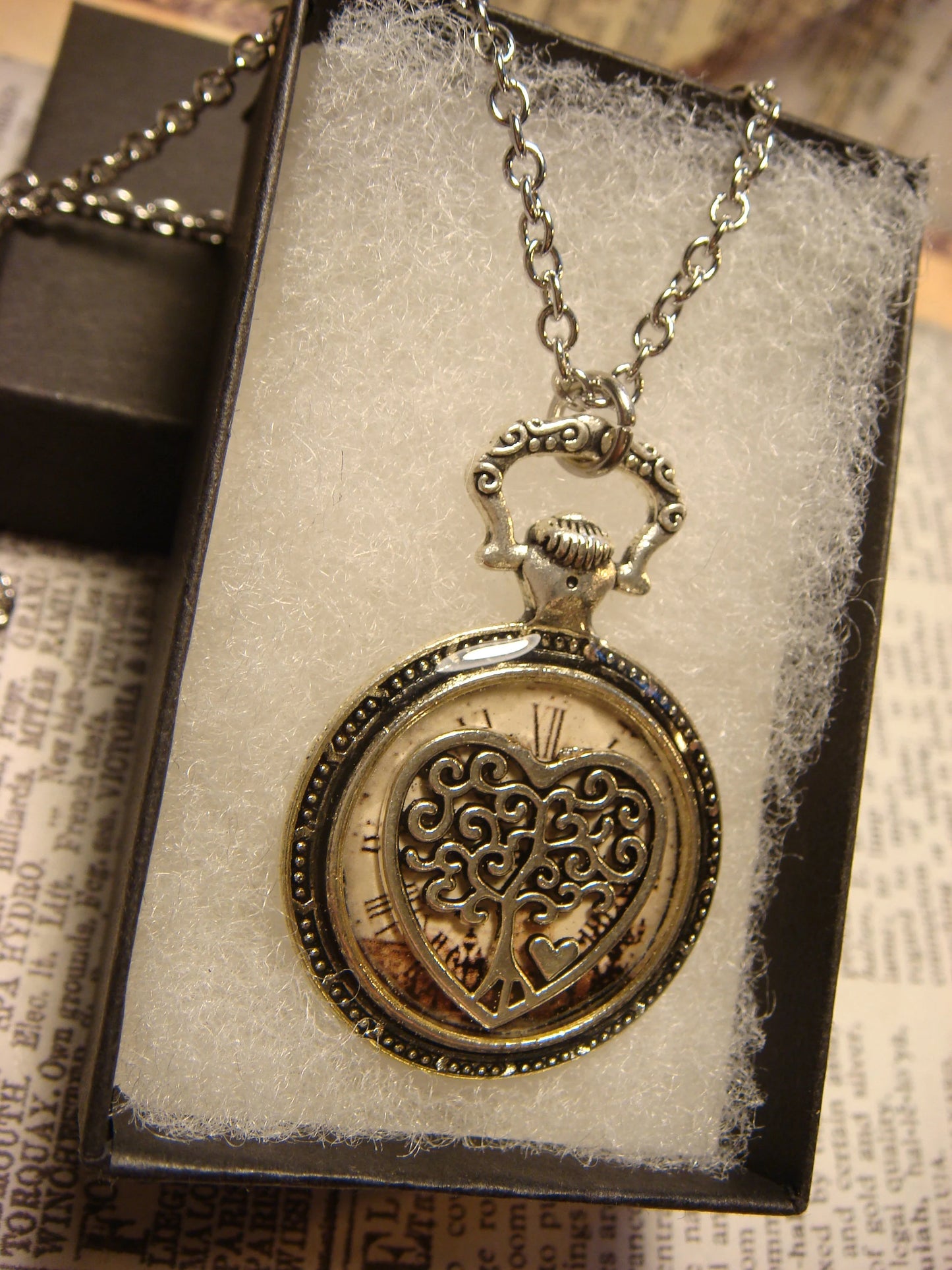 Tree Heart over Victorian Clock Pocket Watch Pendant Necklace