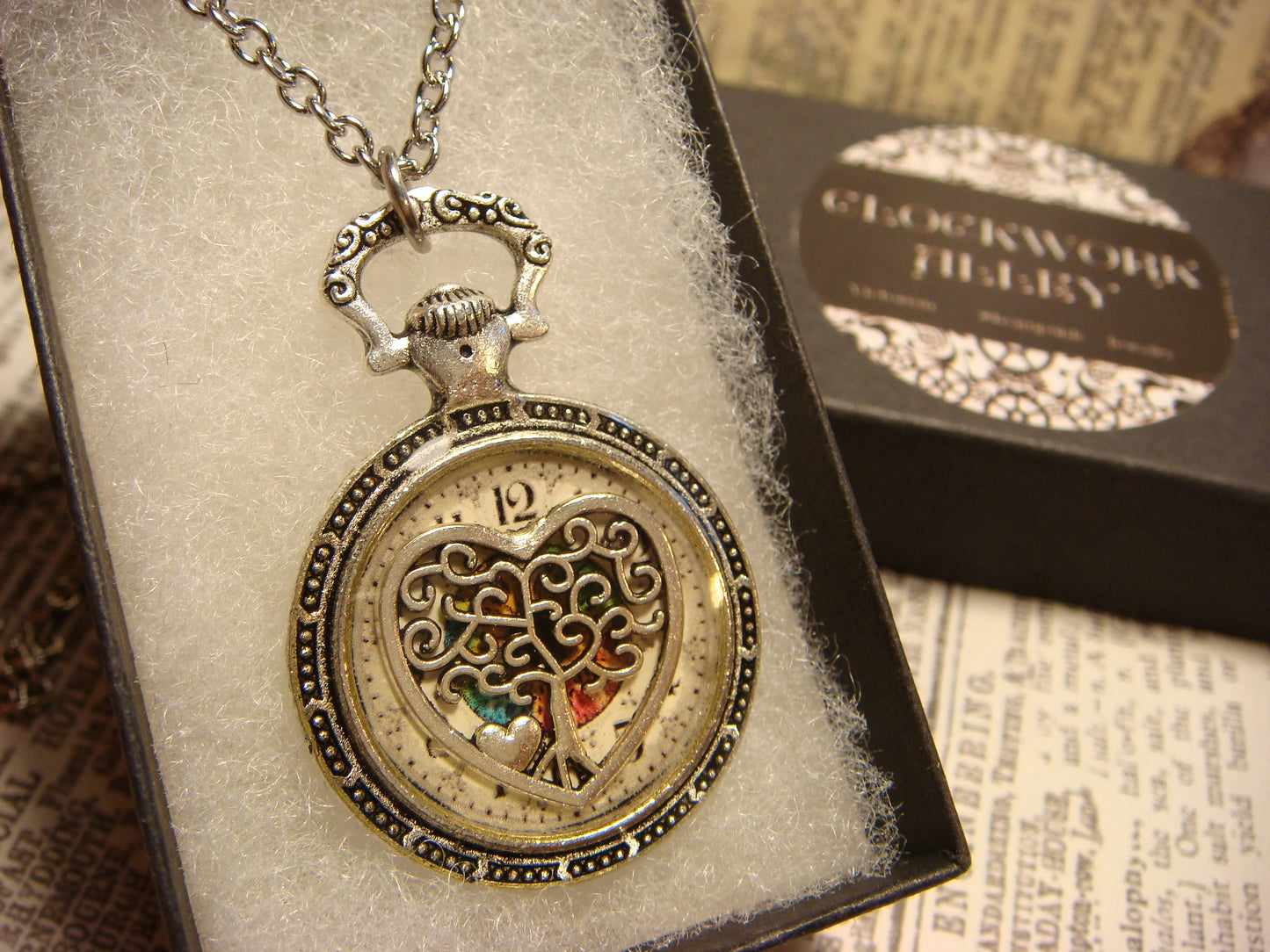 Tree Heart over Clock Pocket Watch Pendant Necklace