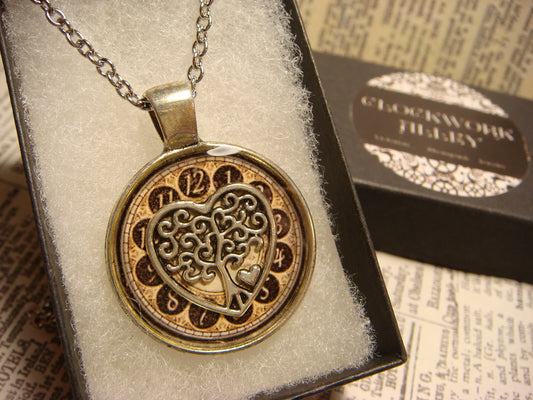 Tree Heart over Clock Pendant Necklace