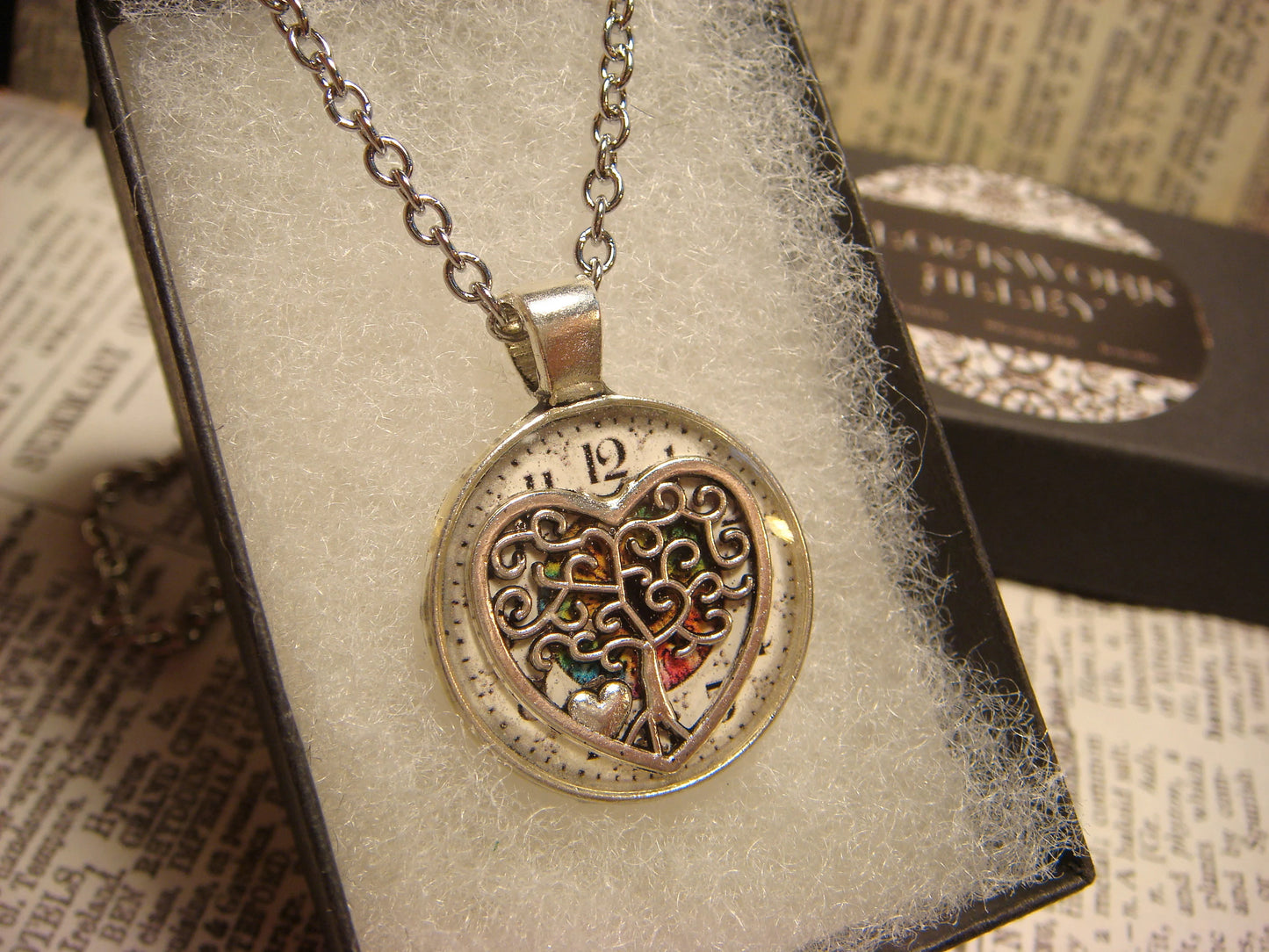 Tree Heart over Clock Small Pendant Necklace