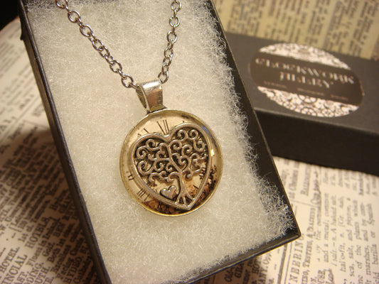 Tree Heart over Victorian Clock Small Pendant Necklace