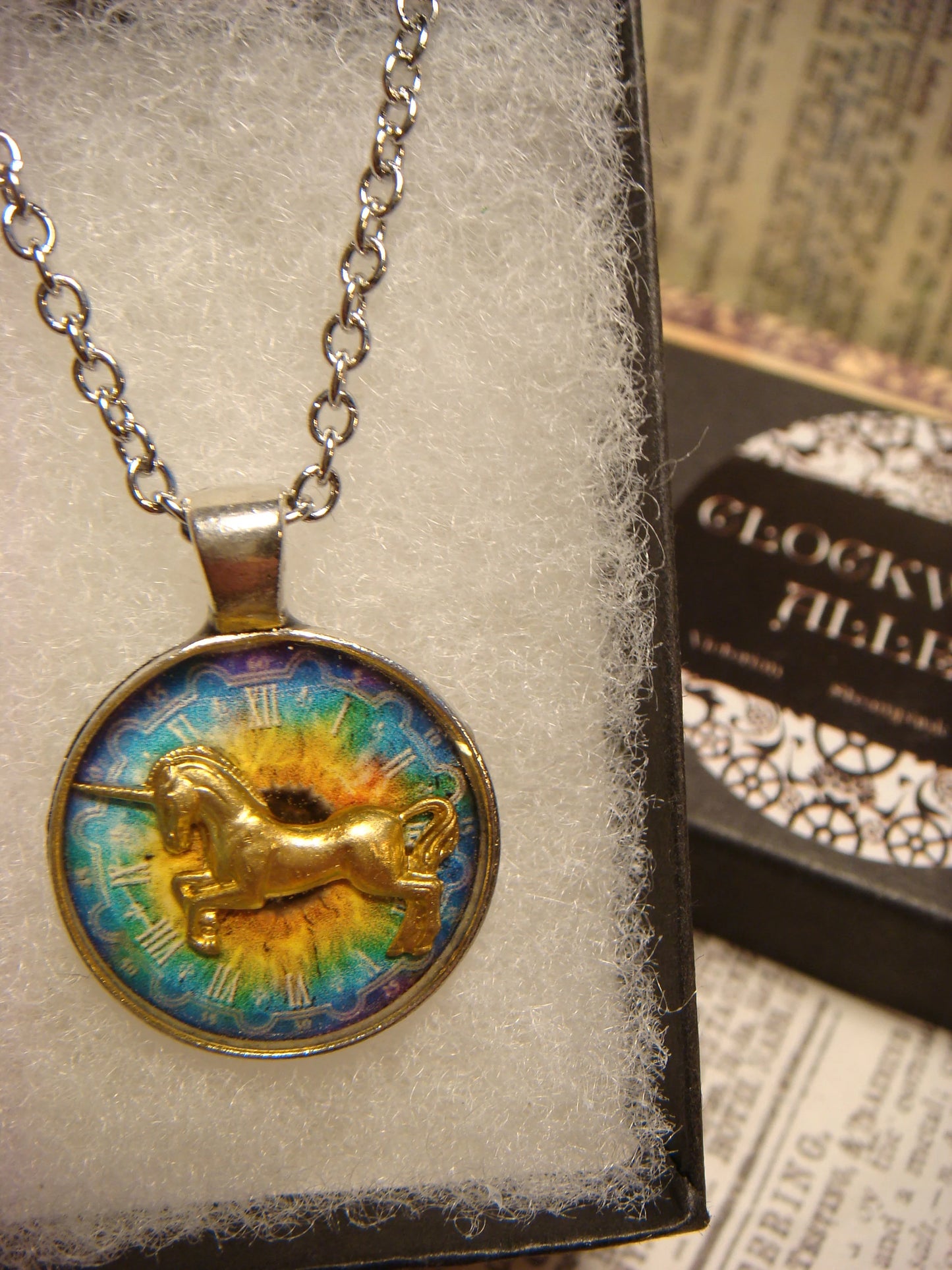 Unicorn over Colorful Clock Small Pendant Necklace