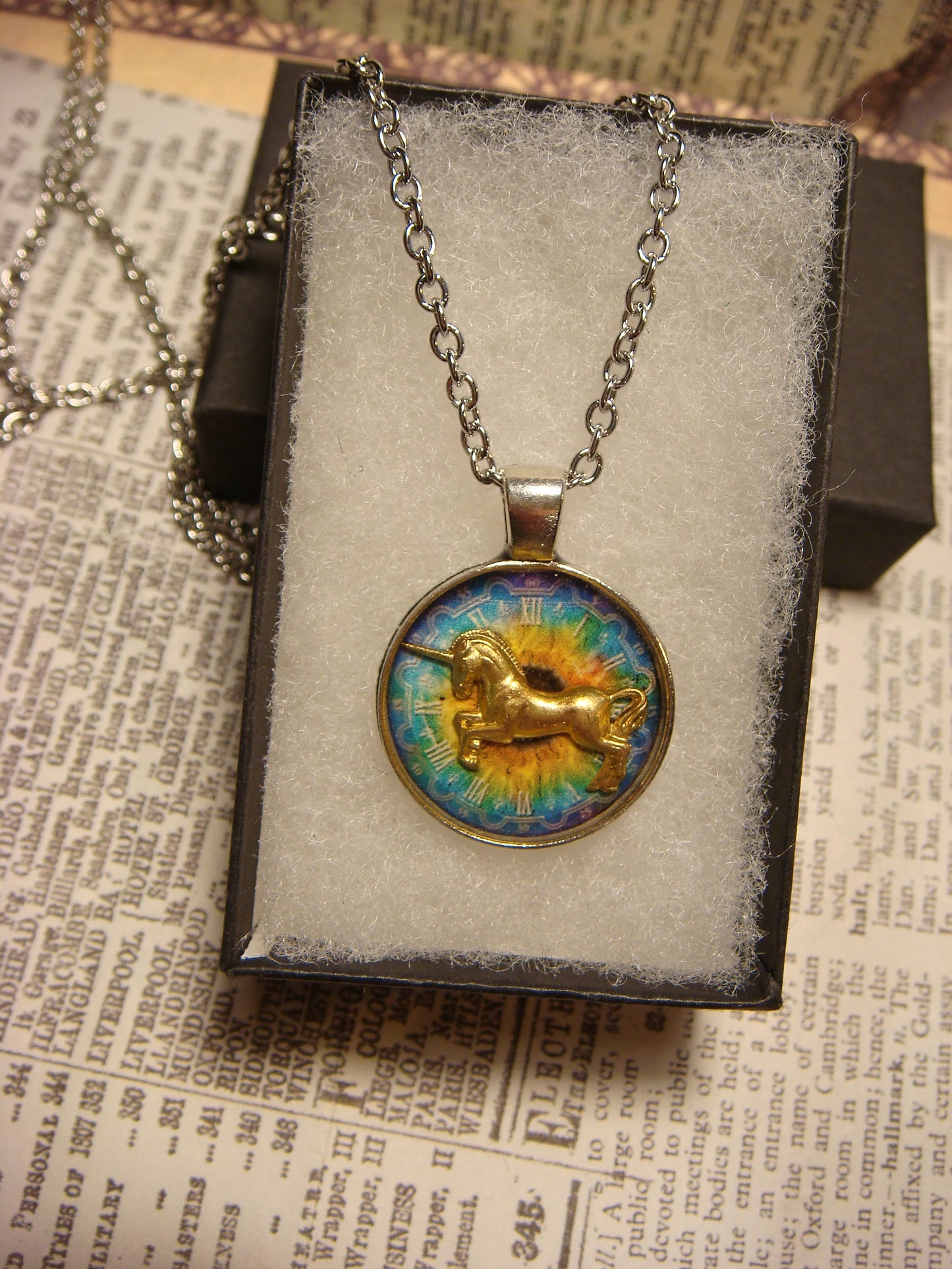 Unicorn over Colorful Clock Small Pendant Necklace