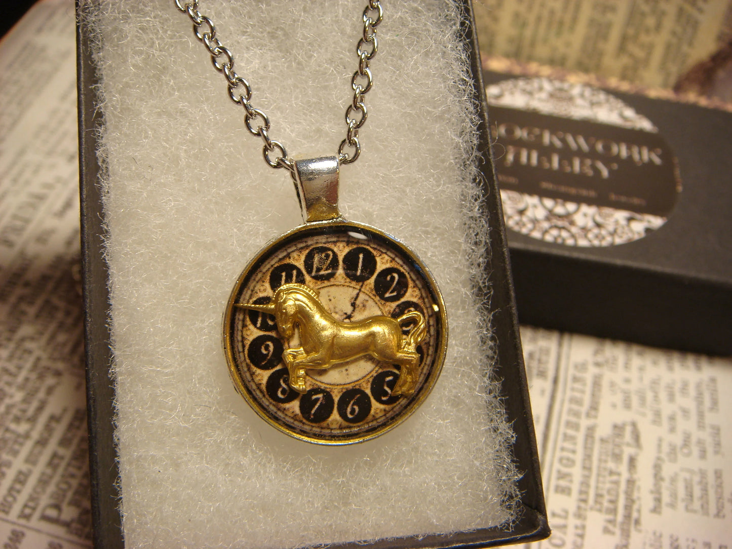 Unicorn over Clock Small Pendant Necklace