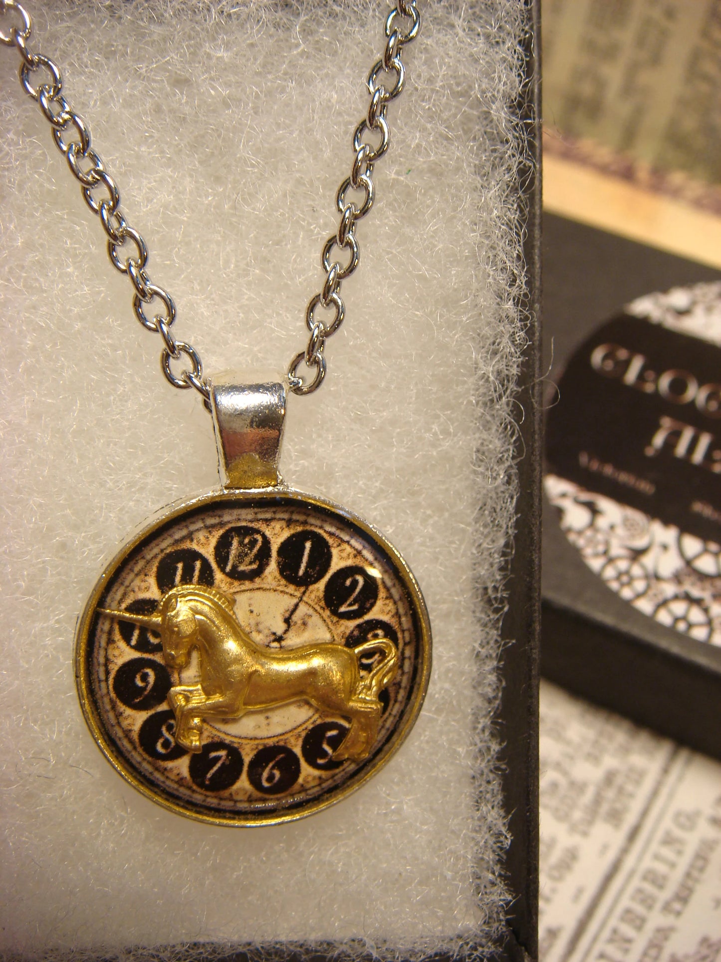 Unicorn over Clock Small Pendant Necklace