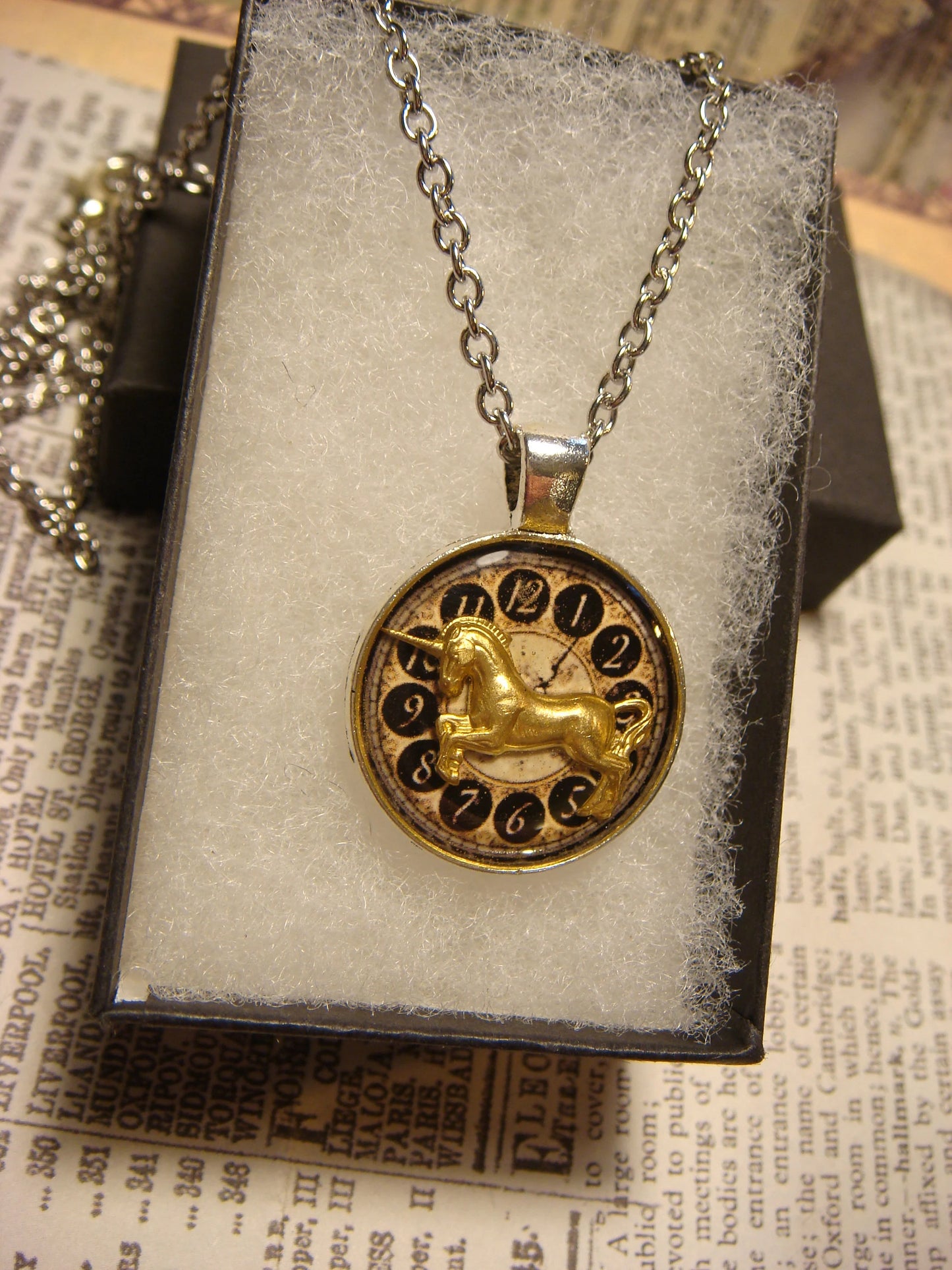 Unicorn over Clock Small Pendant Necklace