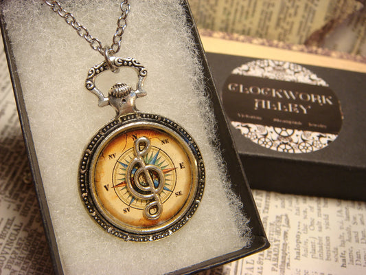Treble Clef over Compass Rose Pocket Watch Pendant Necklace