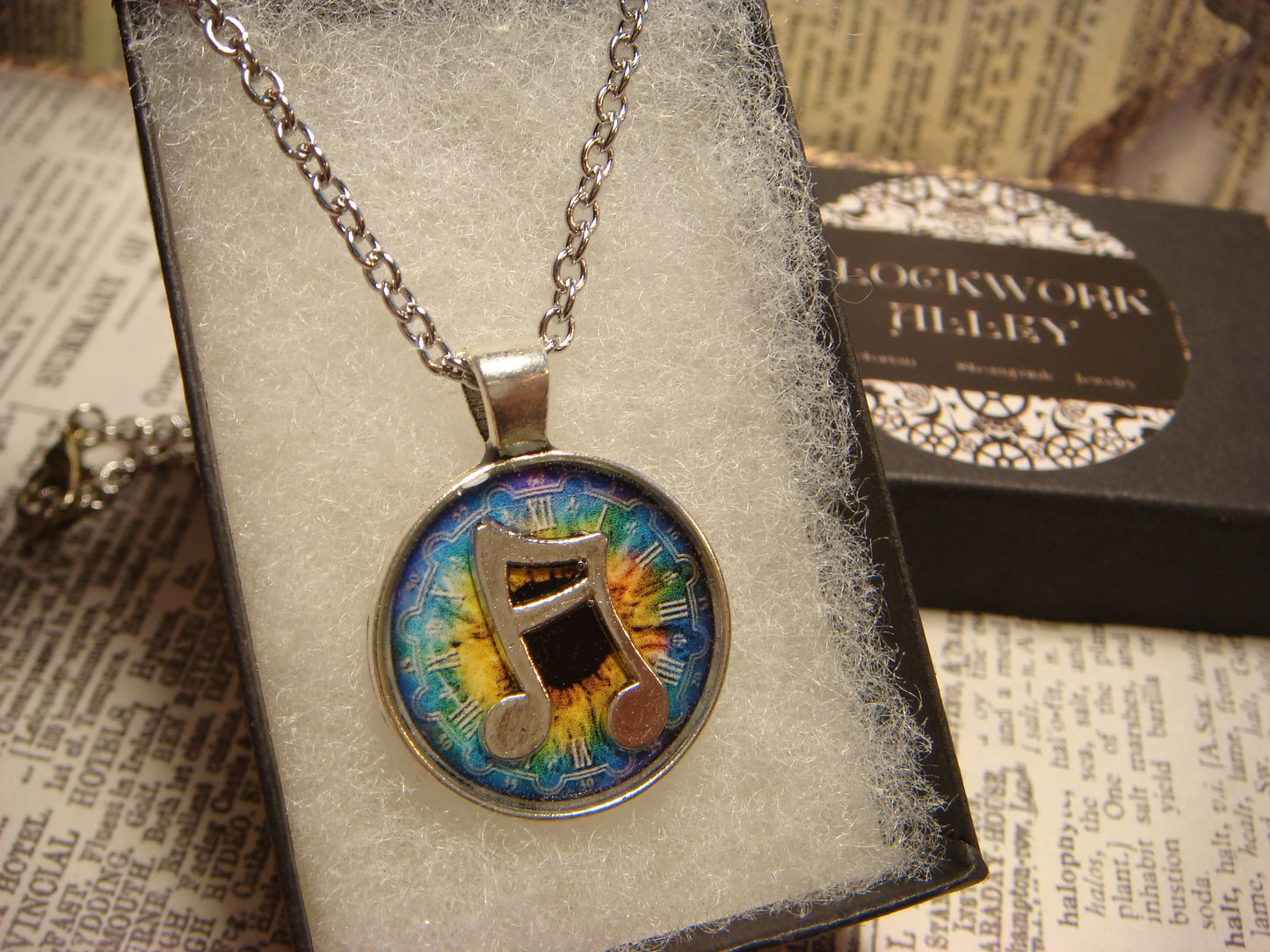 Notes over Colorful Clock Small Pendant Necklace