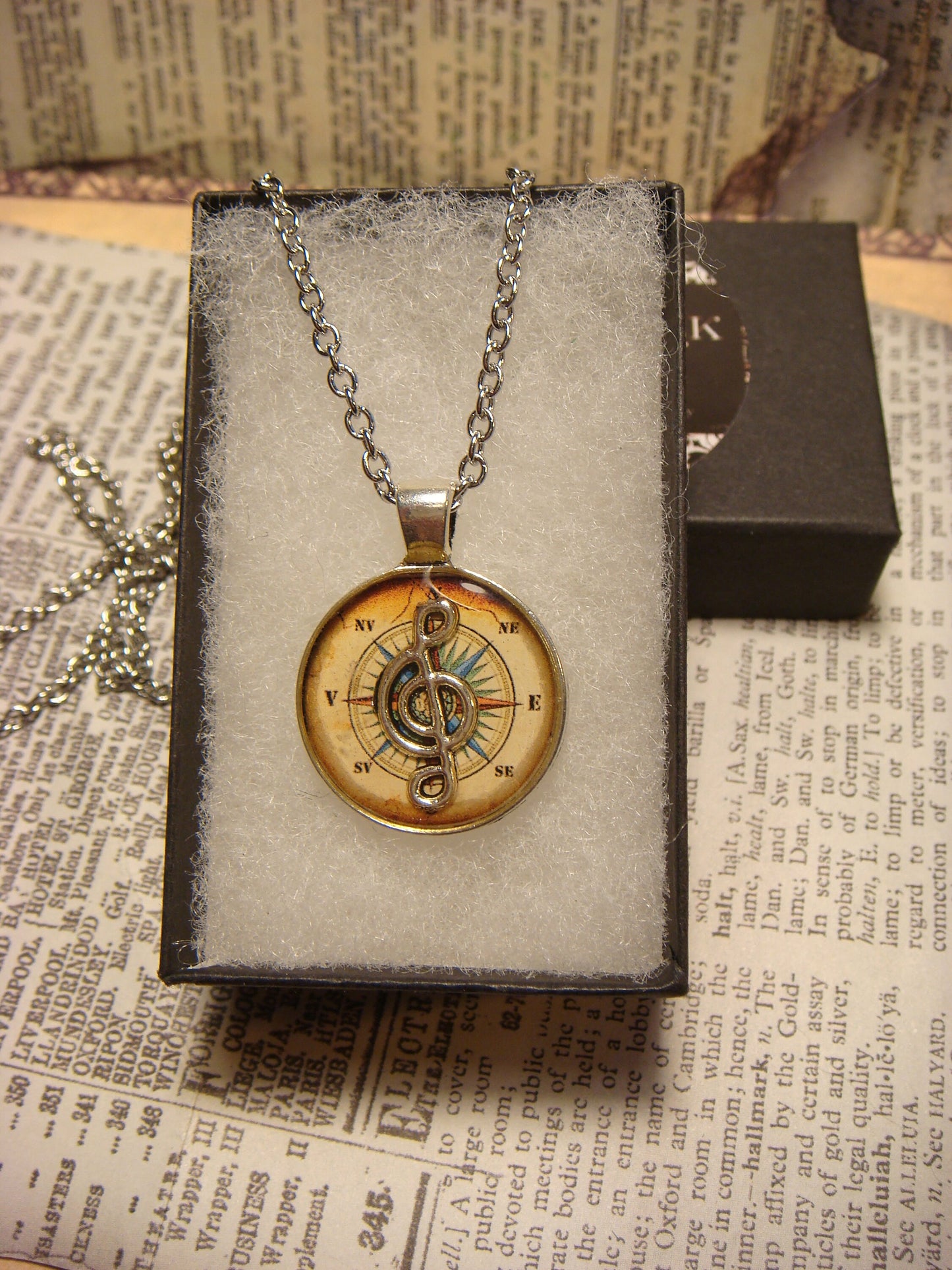 Treble Clef over Compass Rose Small Pendant Necklace