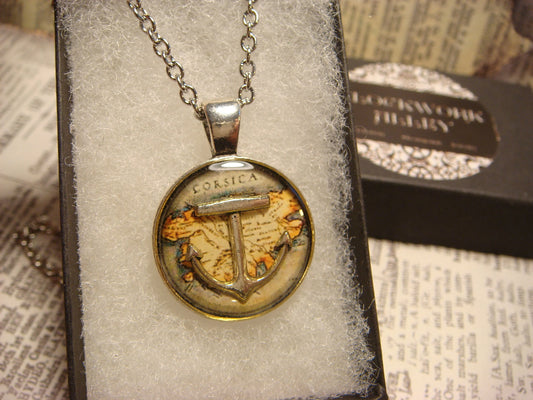 Anchor over Map Small Pendant Necklace