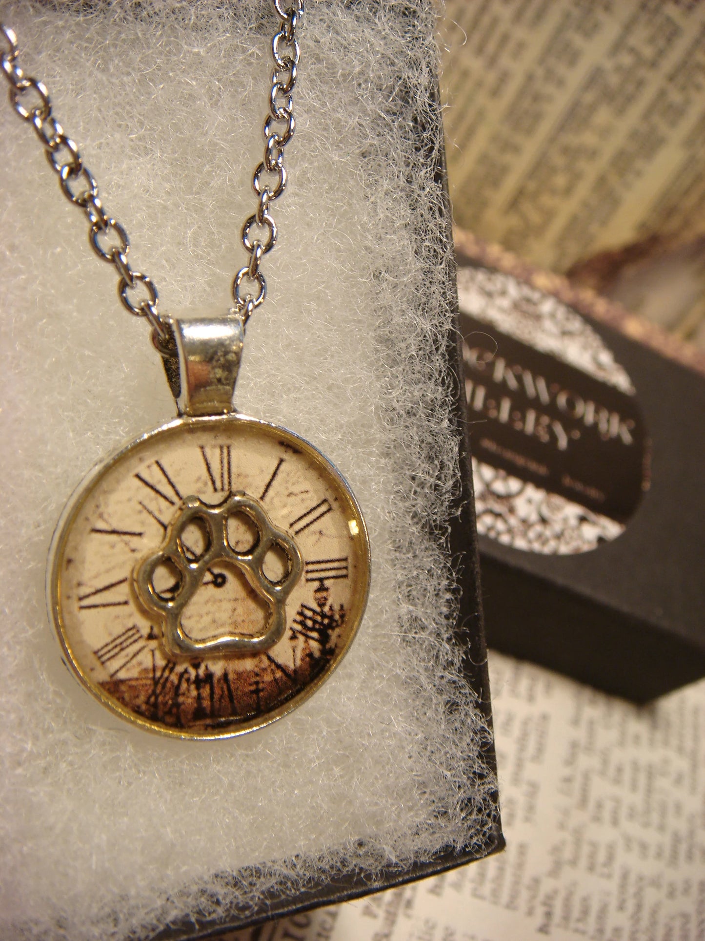 Paw over Victorian Clock Small Pendant Necklace